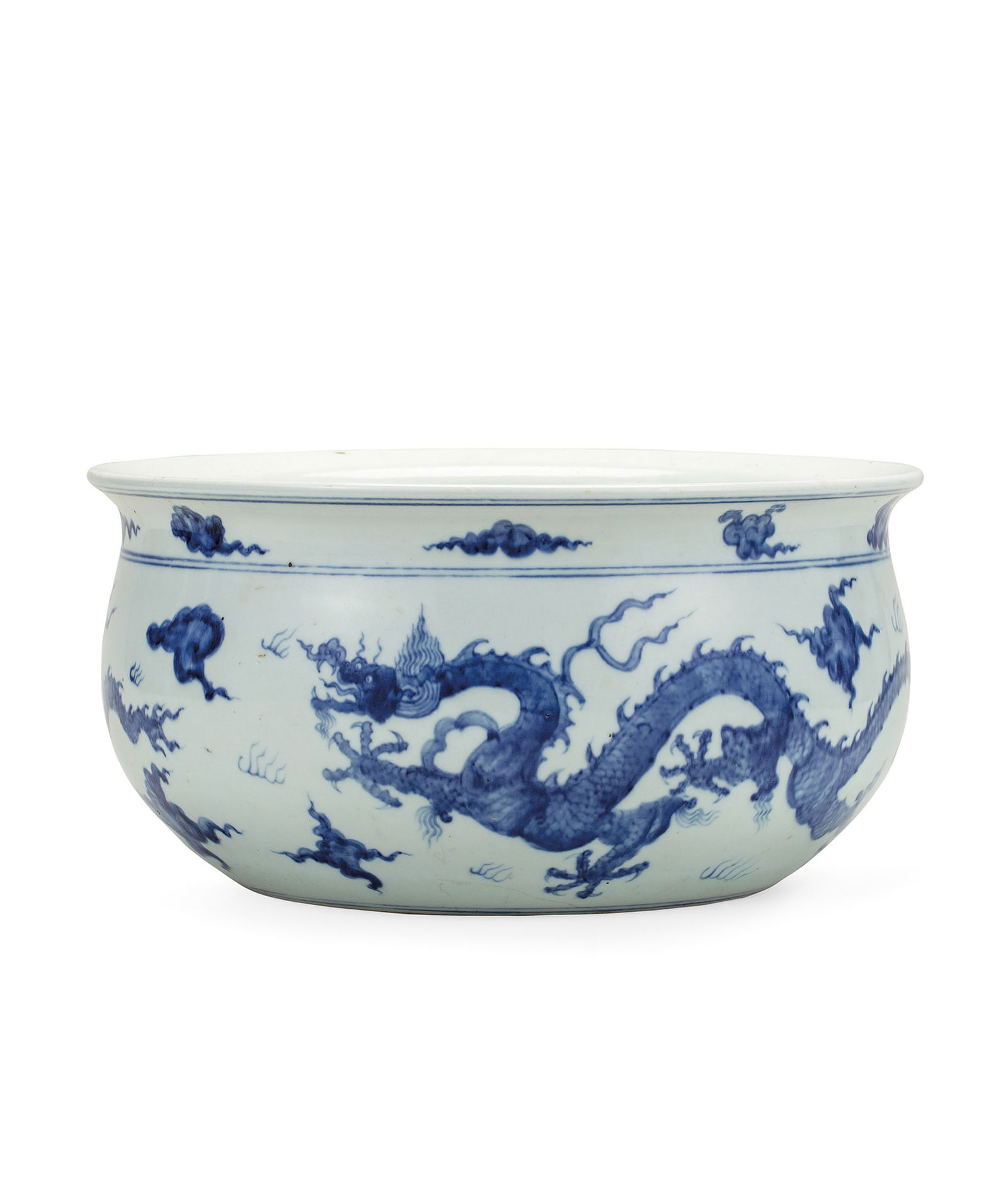 Large Blue and White 'Two Dragons Playing w/ Pearl' Censer, Qing Dyn. or Earlier (1 of 1)