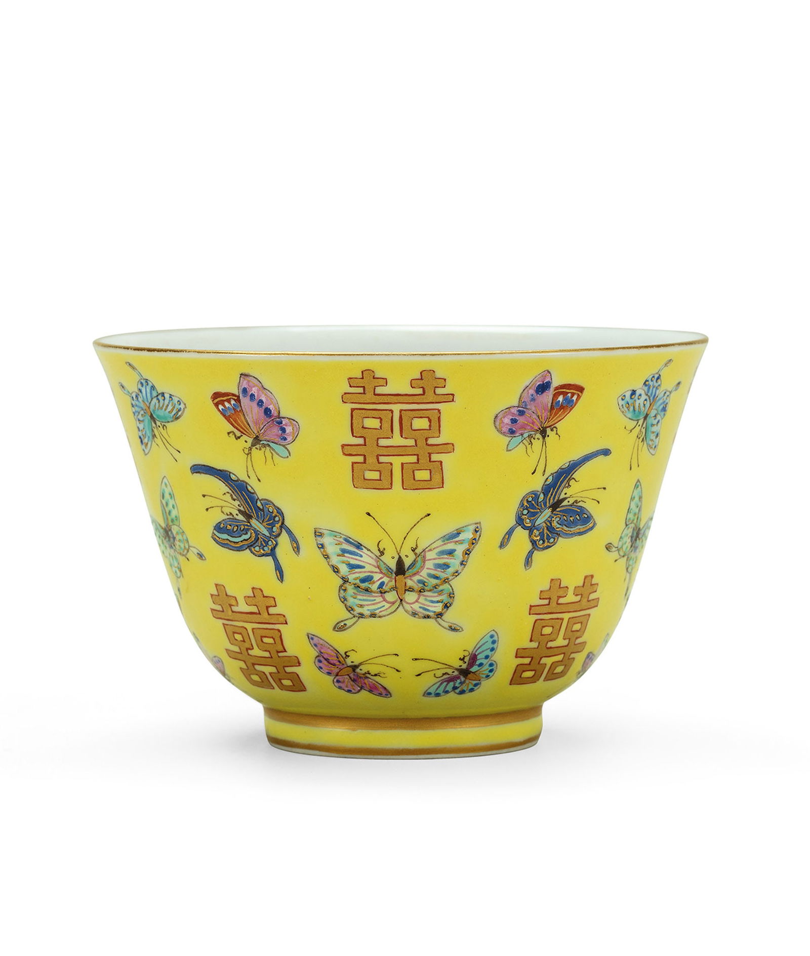 Yellow-Ground Famille-Rose 'Butterfly and Shuangxi' Cup, Tongzhi Mark & Period (1 of 2)