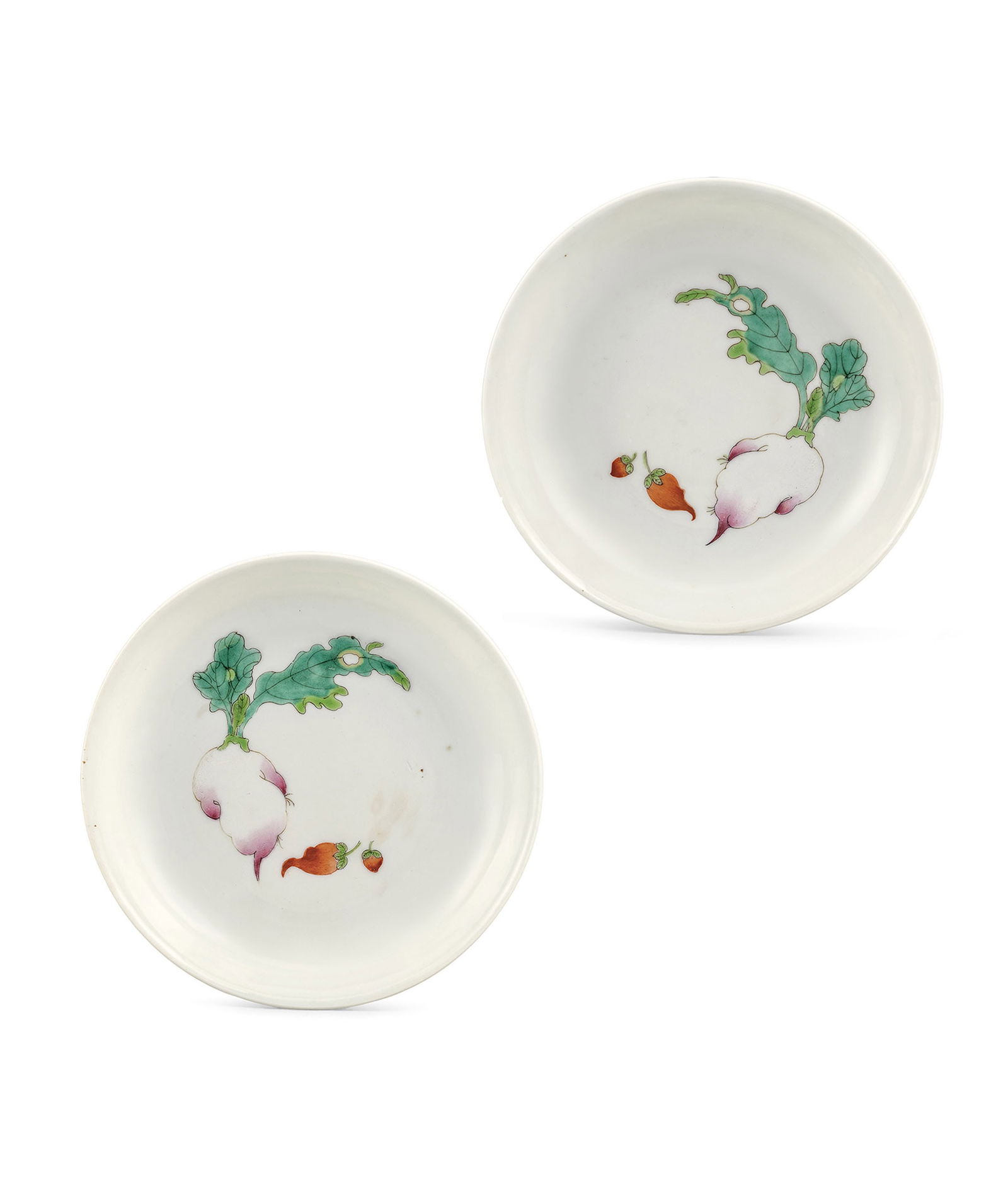 Pair of Famille-Rose 'Vegetable' Dishes, Xuantong Mark & Period: 233 清宣統 粉彩蔬果圖盤一對 「大清宣統年製」款 D14.2cm 預估價&