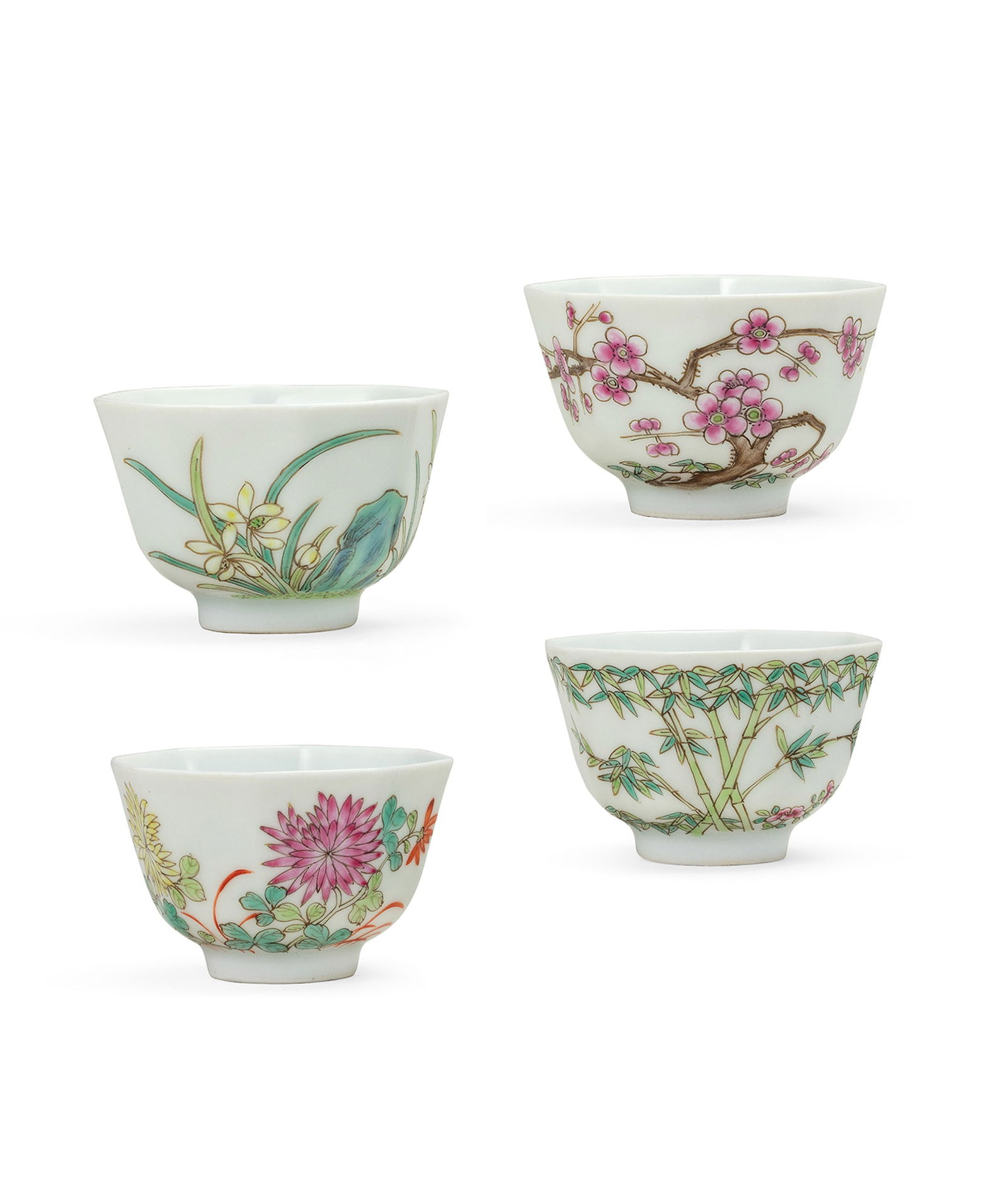 Set of Four Famille-Rose 'Prunus, Orchid, Bamboo and Chrysanthemum' Cups, Republic Period (1 of 6)