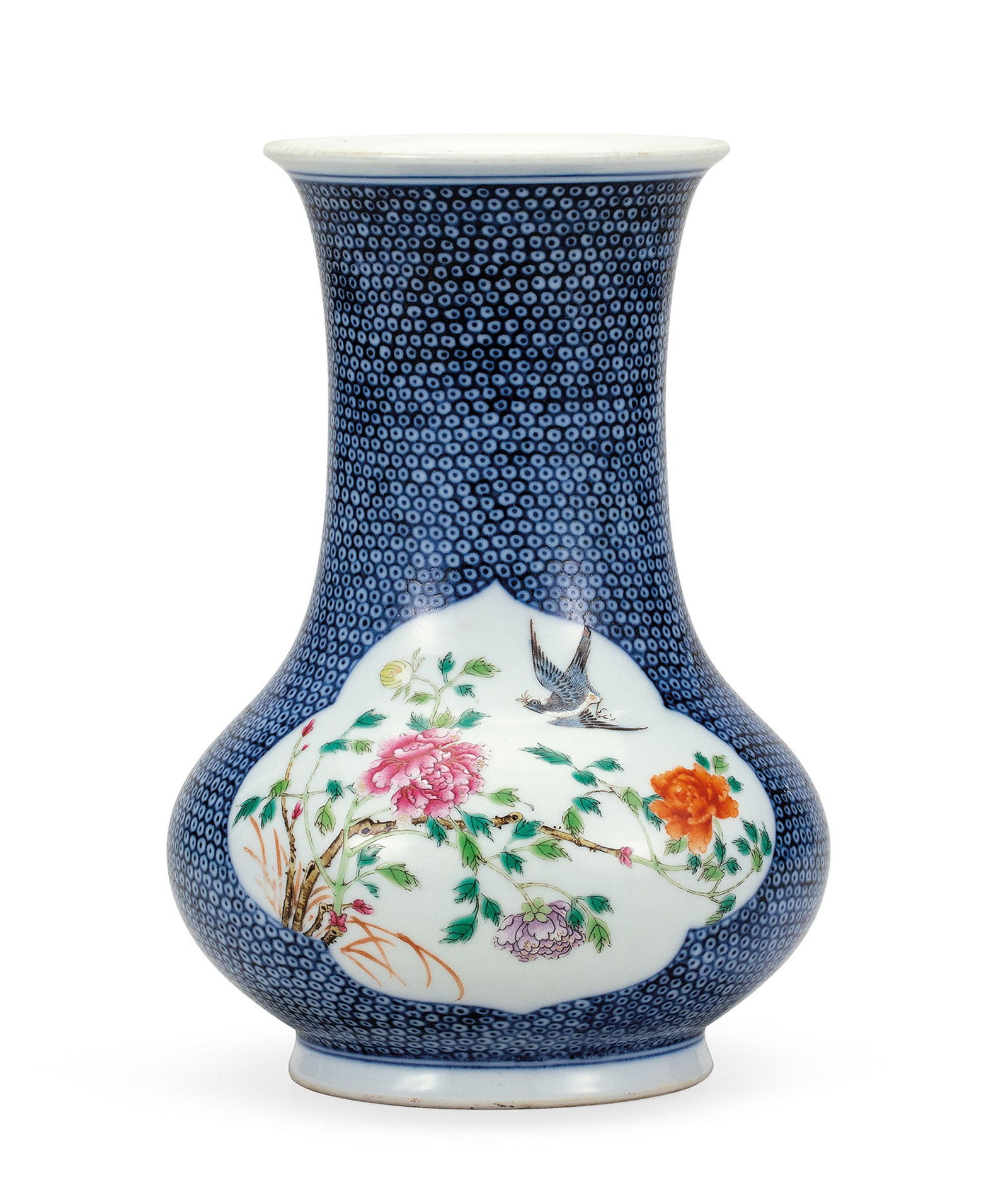 Blue and White Famille-Rose 'Bird and Flower' Vase, Qing Dyn. (1 of 2)