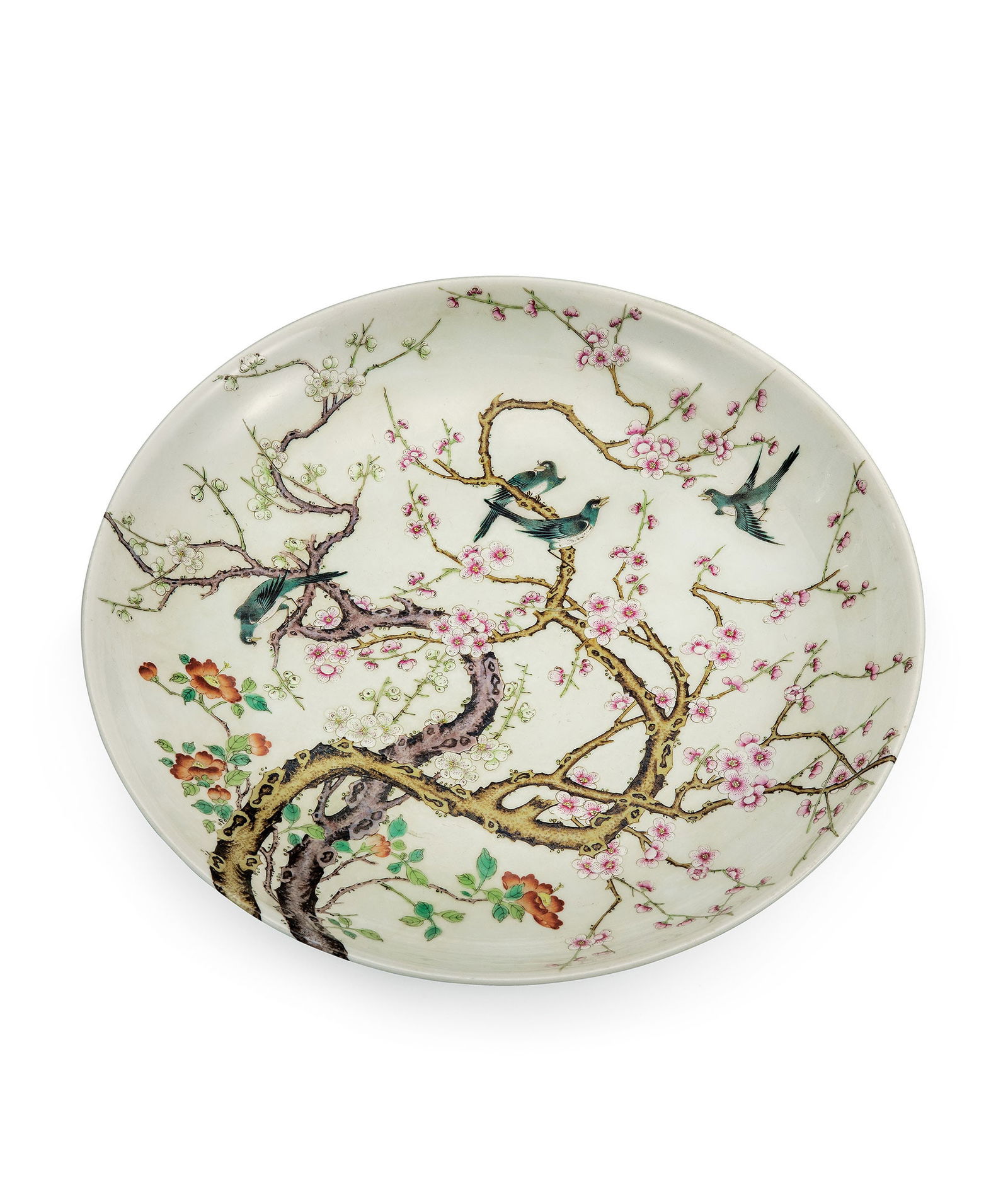 Large Famille-Rose 'Magpie and Prunus' Dish, Qing Dyn. (1 of 2)