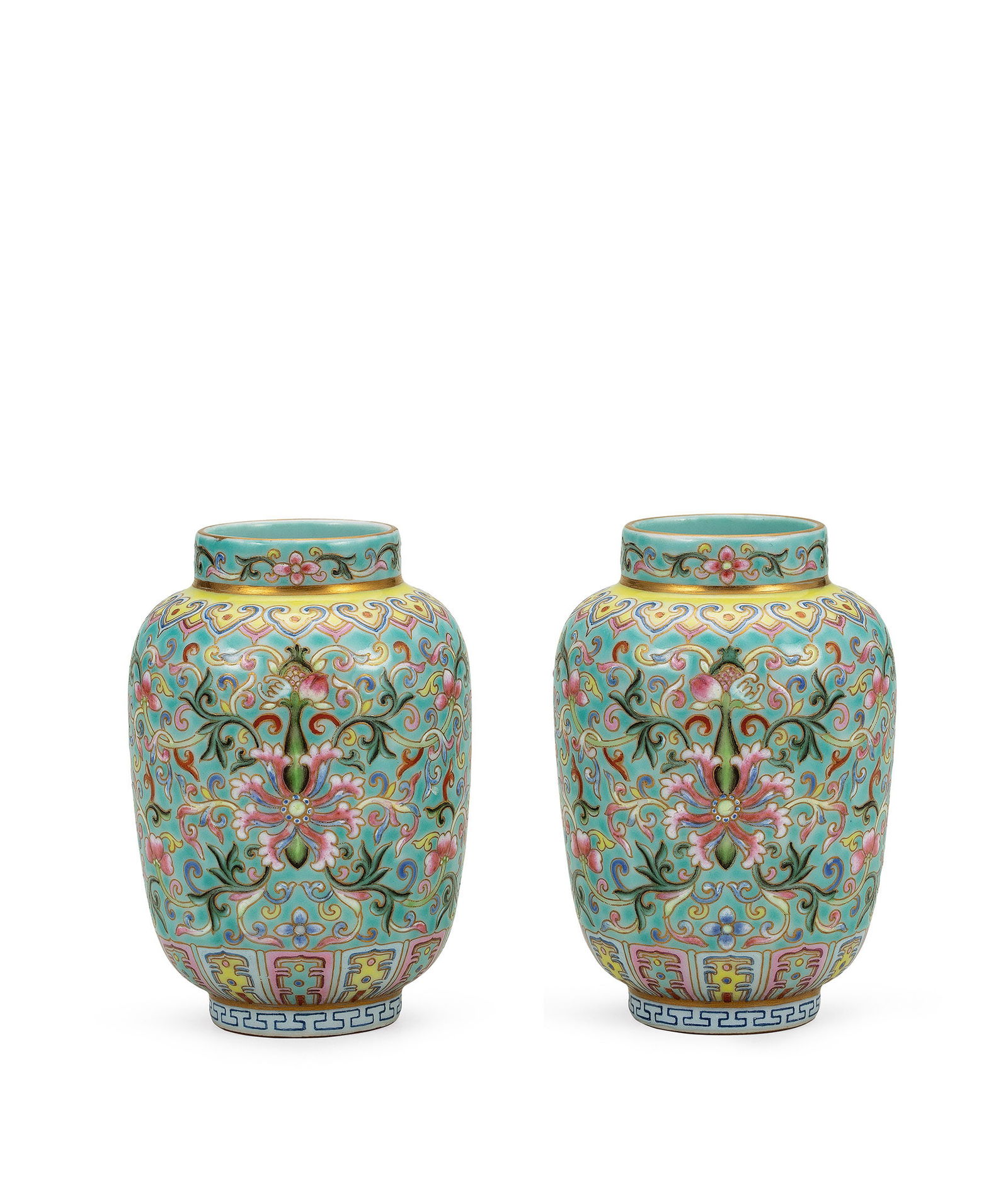 Pair of Turquoise-Ground Famille-Rose Lantern Vases, Republic Period (1 of 4)