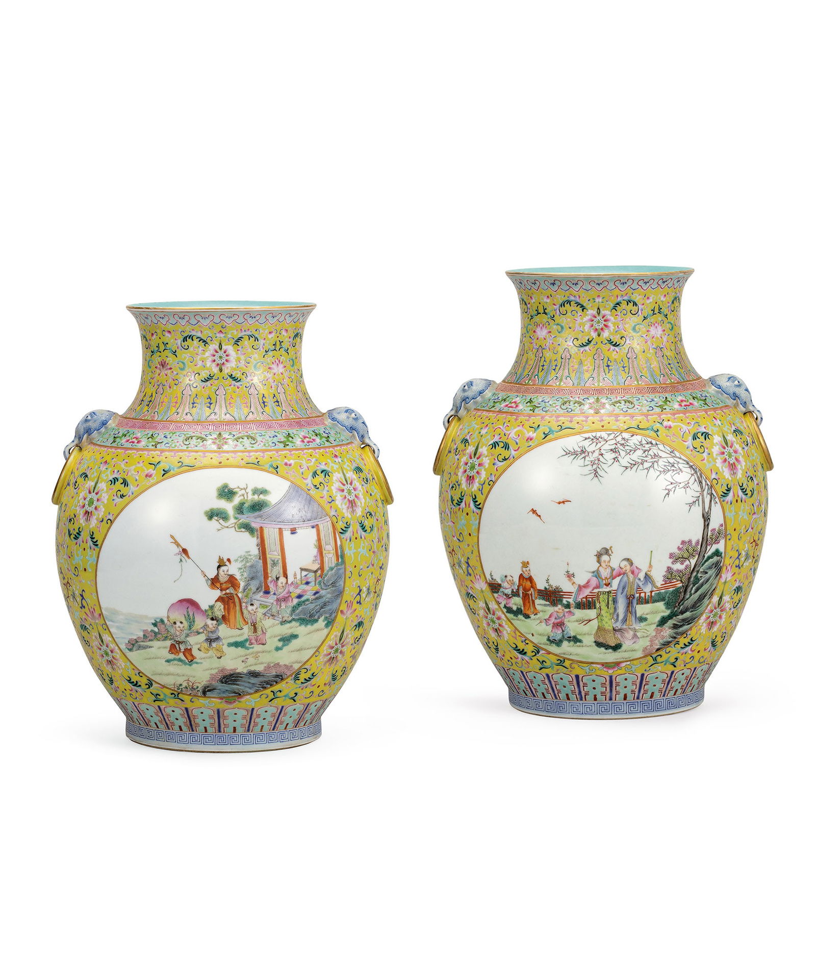 Large Pair of Yellow-Ground Famille-Rose 'Boy' Vases, Republic Period (1 of 4)