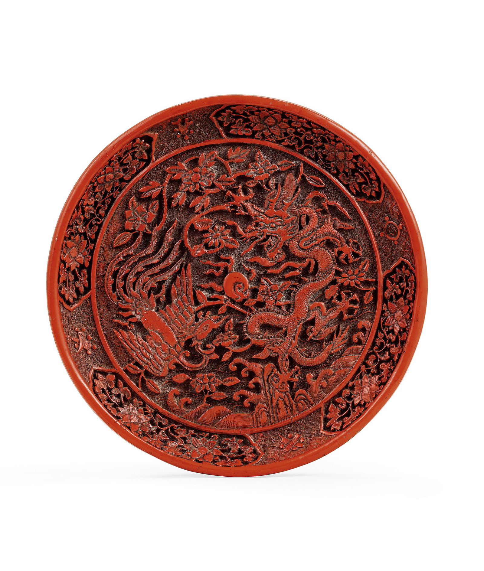 A Carved Cinnabar Lacquer 'Dragon and Phoenix' Plate (1 of 2)
