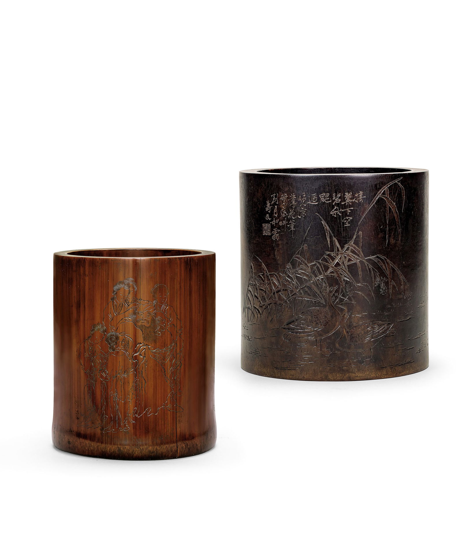 Carved Bamboo 'Zhong Kui' Brushpot and a Zitan 'Goose and Reeds' Brushpot, Qing Dyn.: 282 清 竹雕鍾馗畫美圖筆筒、紫檀蘆雁圖筆筒 二件一組 H13.3cm / H15cm &