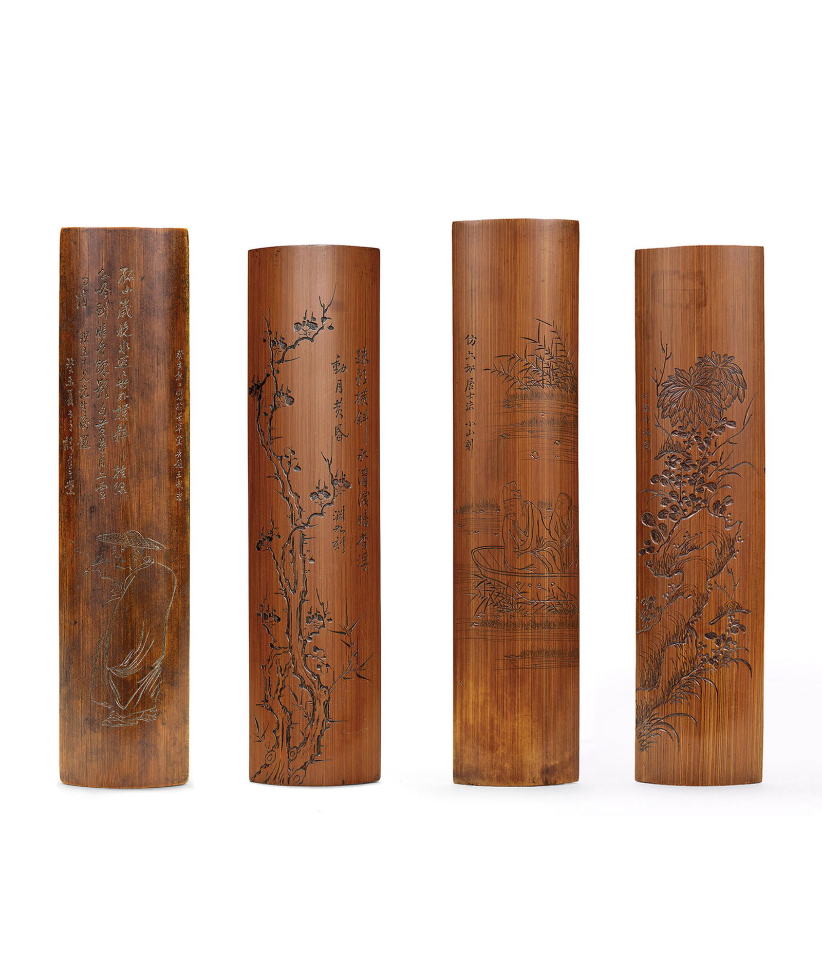 A Set of Four Carved Bamboo Wristrests, Qing Dynasty: 286 清 竹雕臂擱 四件一組 L30.2-32.5cm 款識：孤山歲晚水迢迢 竹外橫