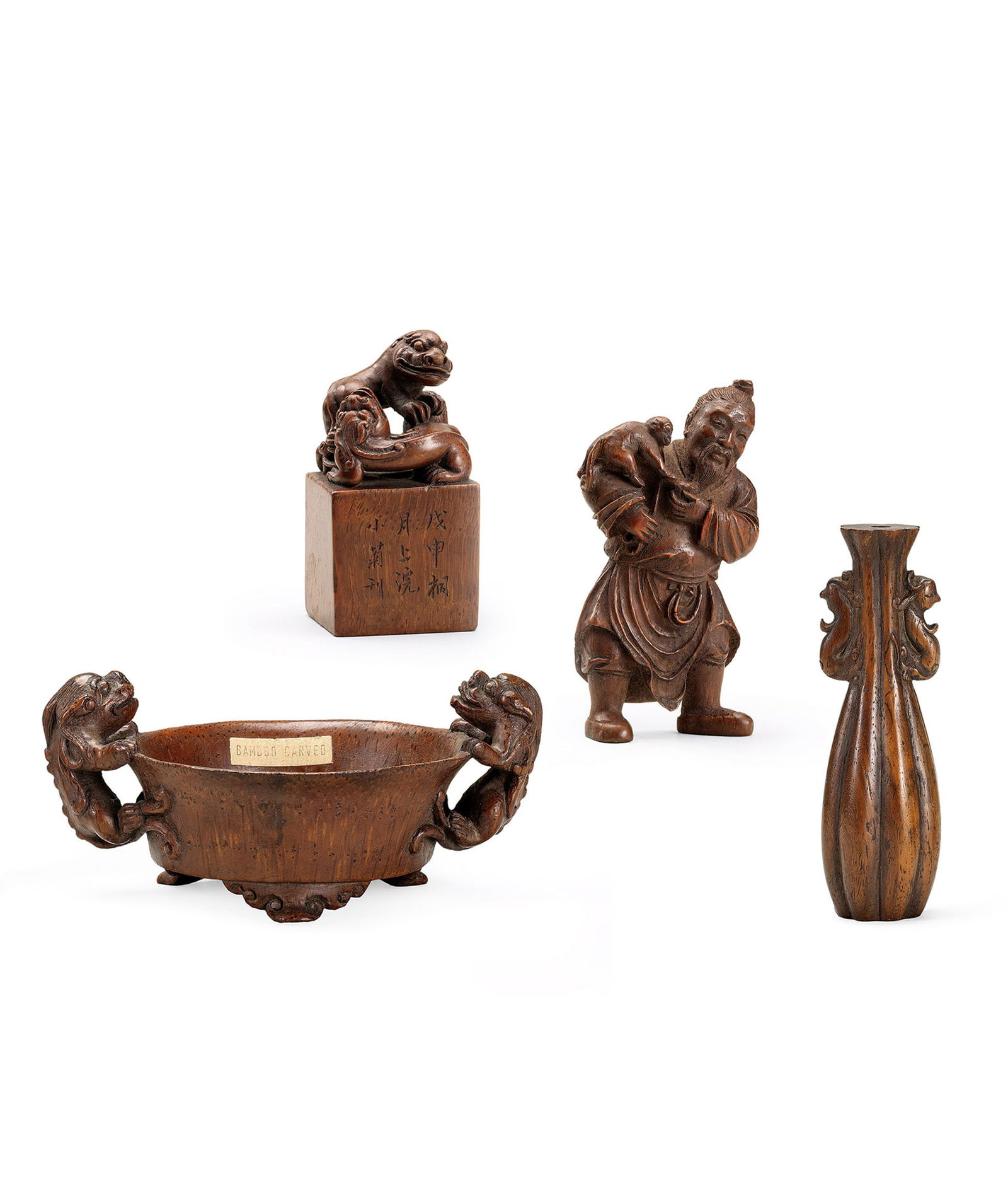 Three Carved Bamboo Root Scholar's Objects and a Carved Wood Incense Holder, Qing Dyn.: 288 清 竹根雕文房暨木雕香插 四件一組 印H8.7cm 洗W13.3cm 人物H9.2cm 香插H11