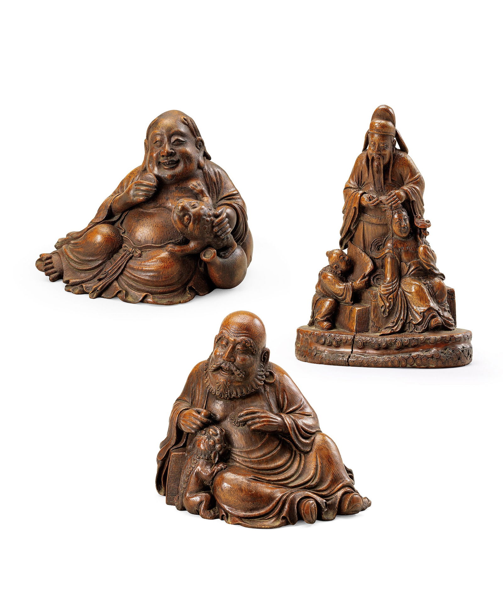 A Set of Three Carved Bamboo Root Figures, Qing Dynasty (1 of 4)