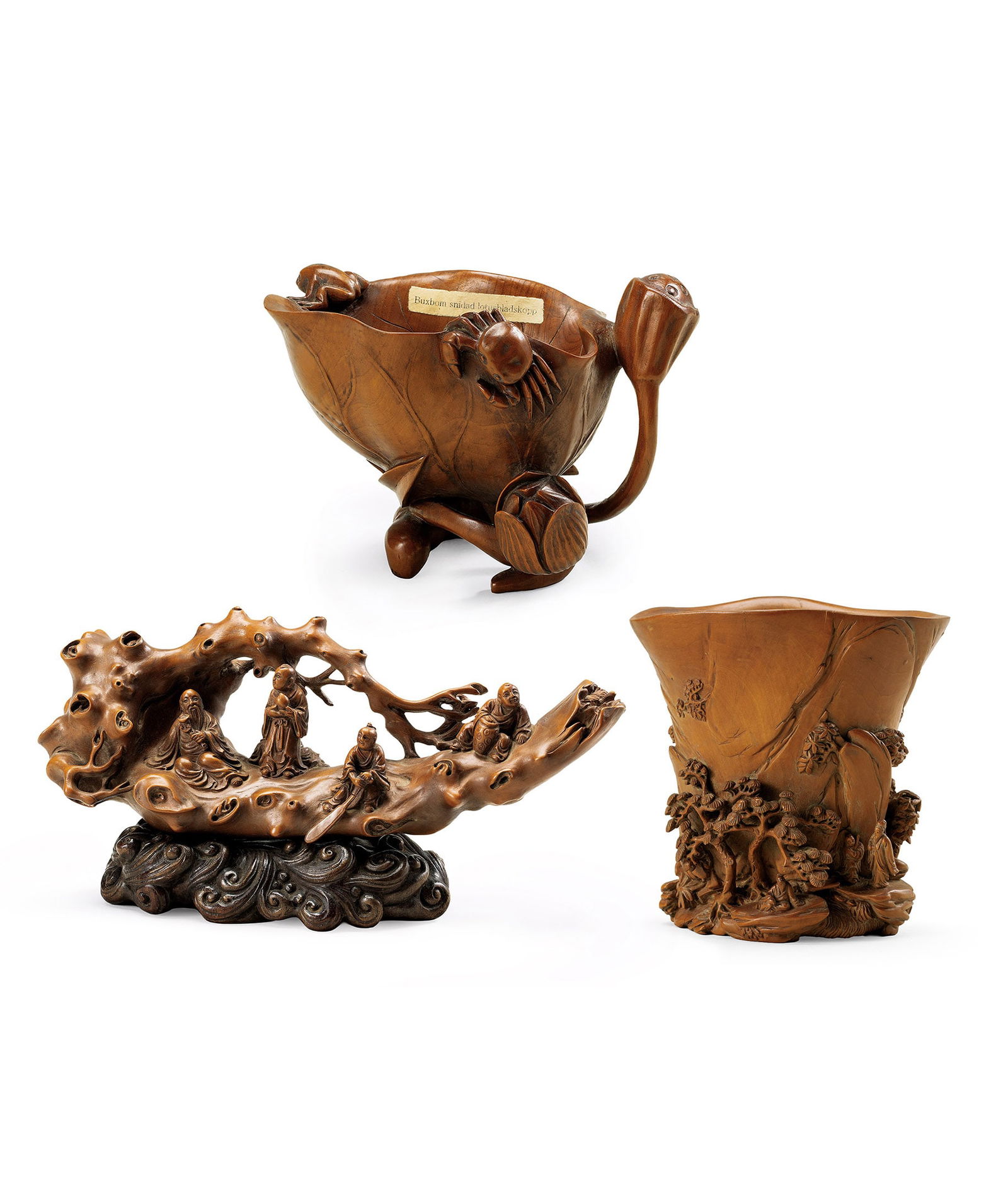 Set of Three Carved Boxwood Scholar's Objects, Qing Dyn.: 290 清 黃楊木雕洗、筆筒、槎 三件一組 洗L12.5cm 筆筒H12cm 槎L19cm 洗款Ť