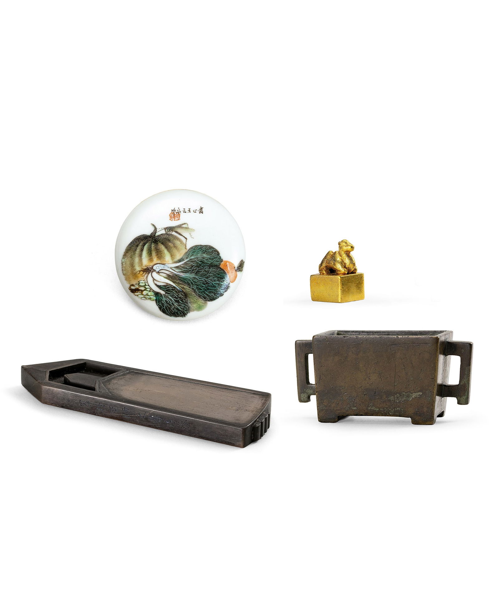 Famille-Rose 'Vegetable' Box and Cover, a Gold 'Camel' Seal, a Bronze Censer and a Gui-Shaped (1 of 7)