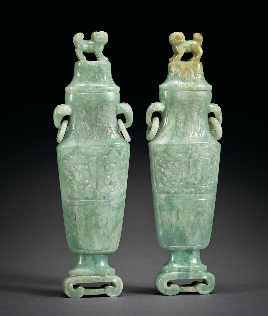 Pair of Jadeite 'Beast-Mask' Vases and Covers, Qing Dyn. (1 of 3)