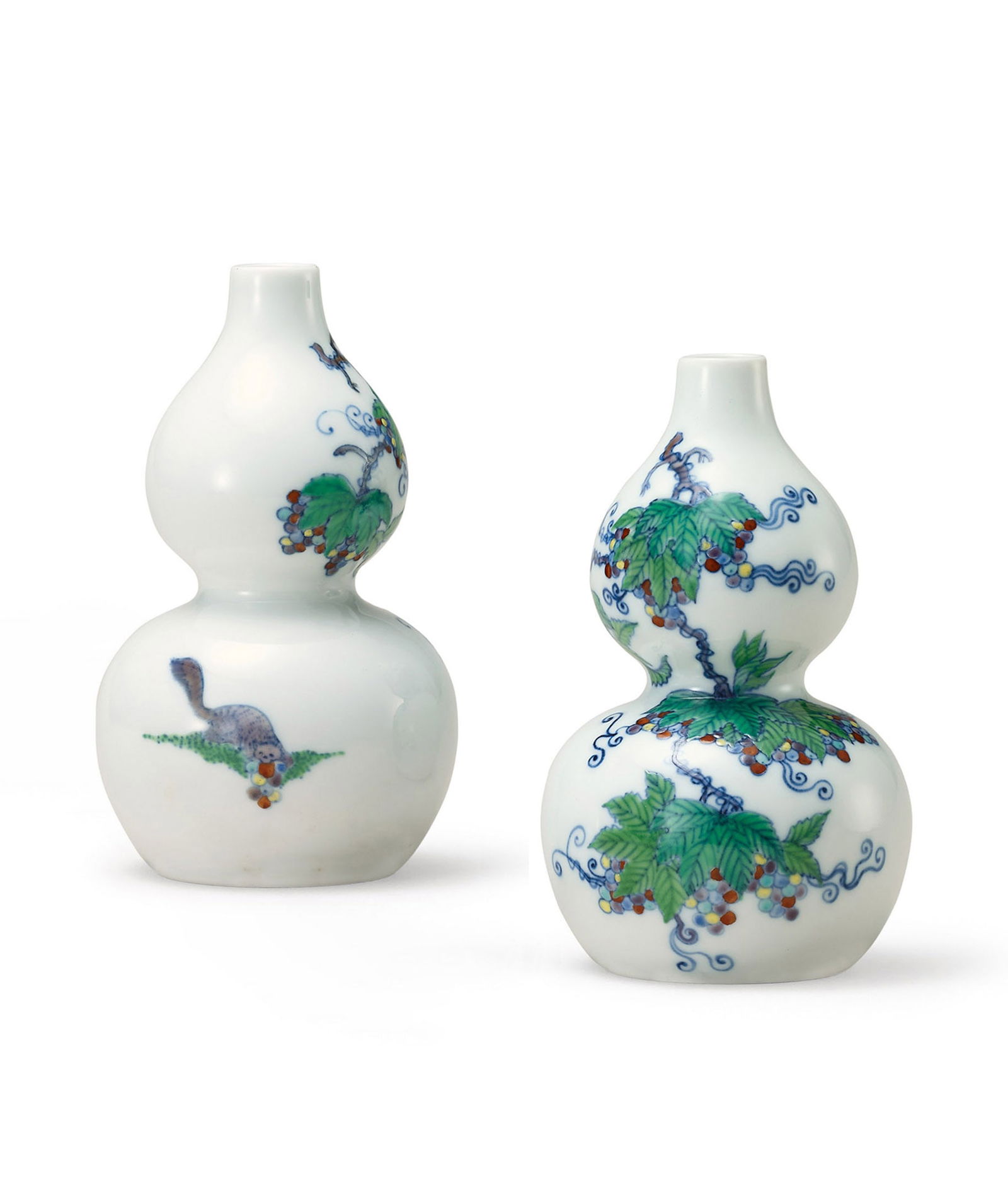 Pair of Hsiao Fang Kiln Doucai 'Squirrel and Grape' Gourd Vases (1 of 4)