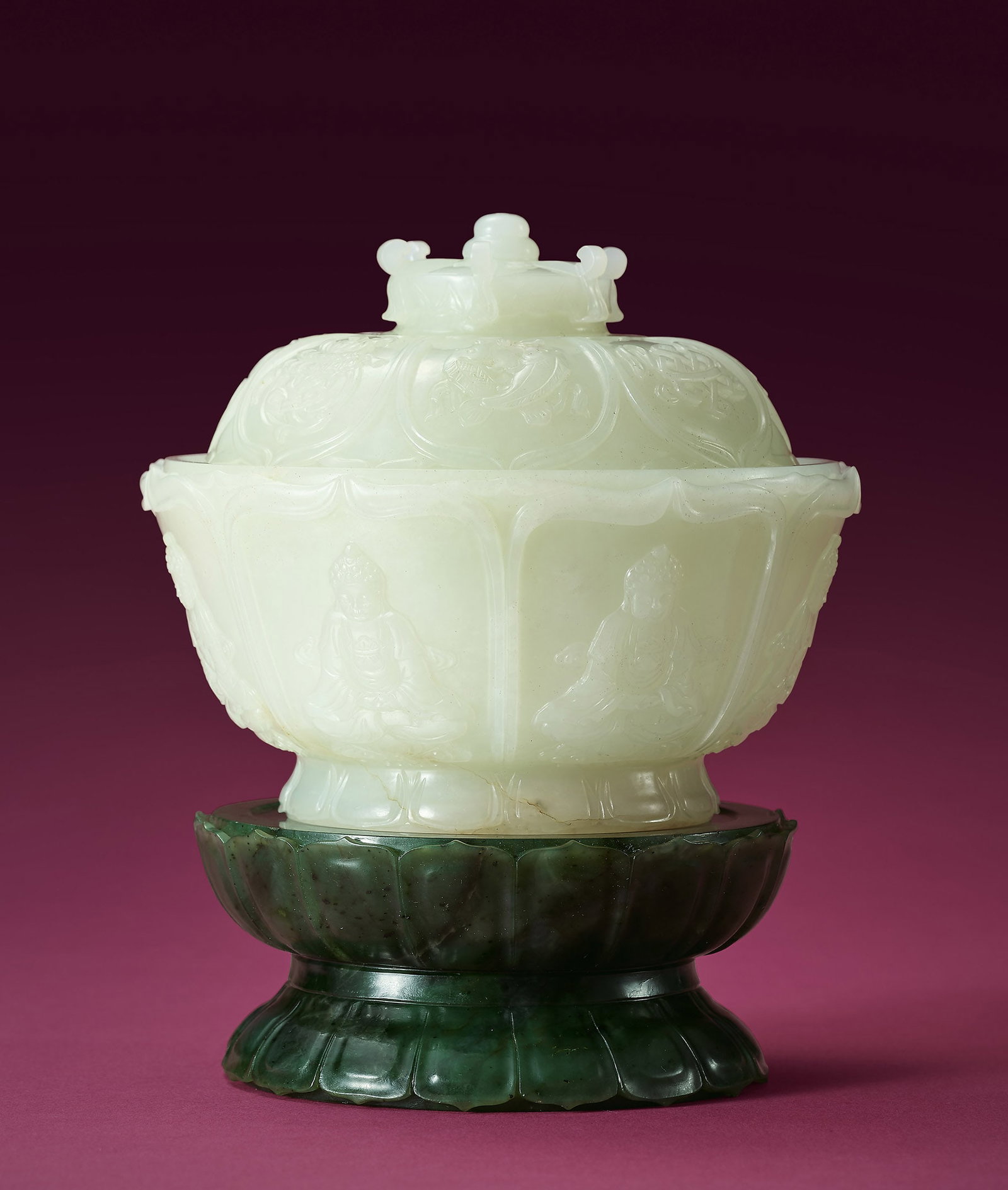 White Jade '7 Buddhas' Bowl, Spinach Stand, 18th C (1 of 5)
