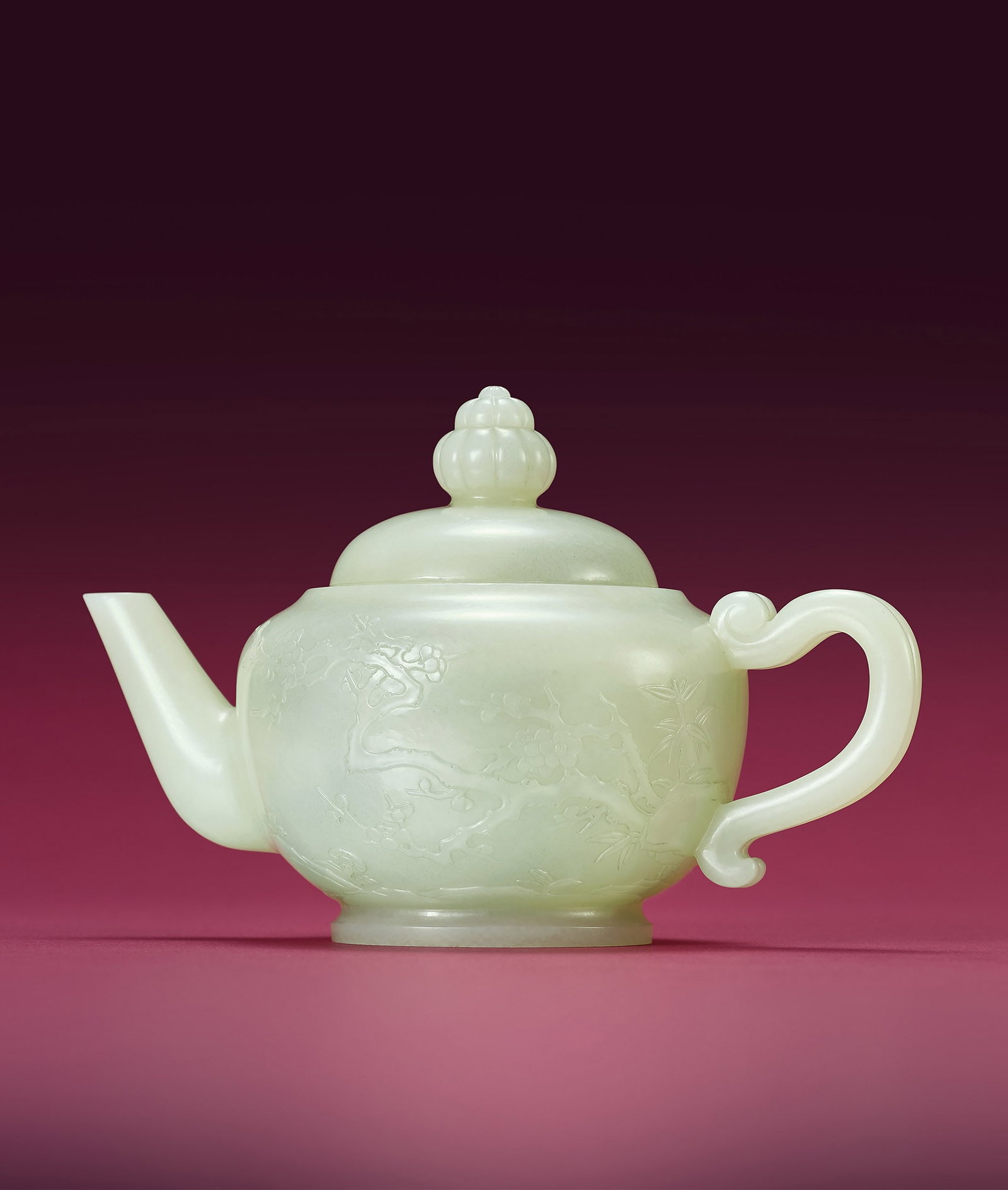 White Jade Plum & Bamboo Teapot & Cover, 18th/19th C. (1 of 4)