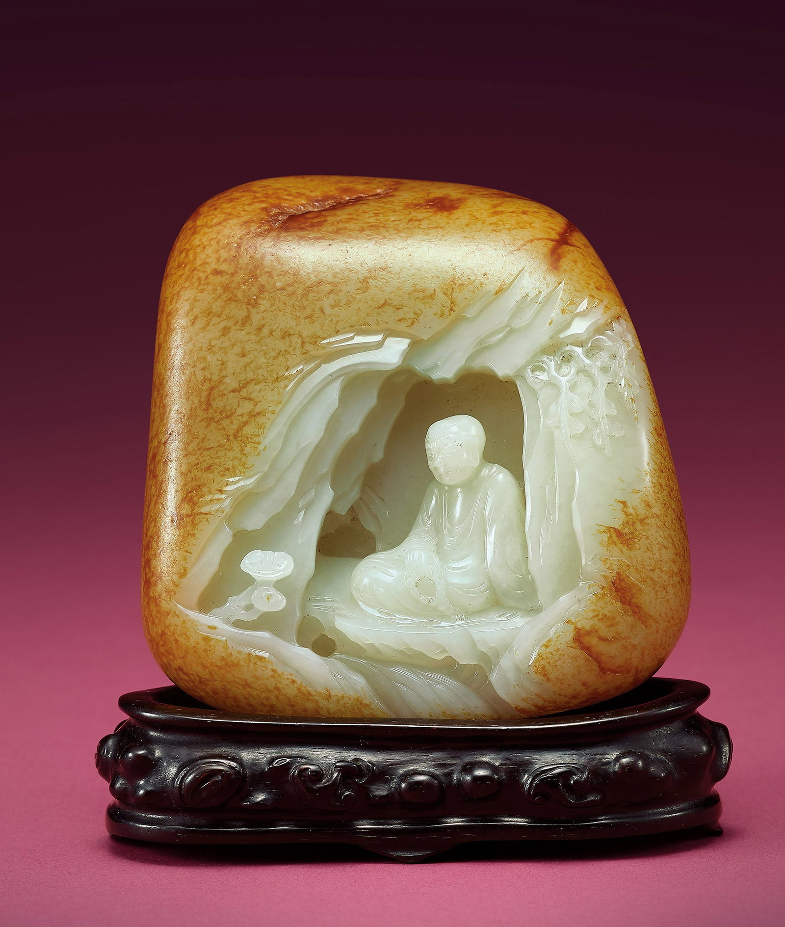 Imperial Jade 'Luohan Banathaga' Boulder, Qianlong: 229 清乾隆 白玉留皮巴納塔嘎尊者山子 H11.7cm 御製文：御製第十&#