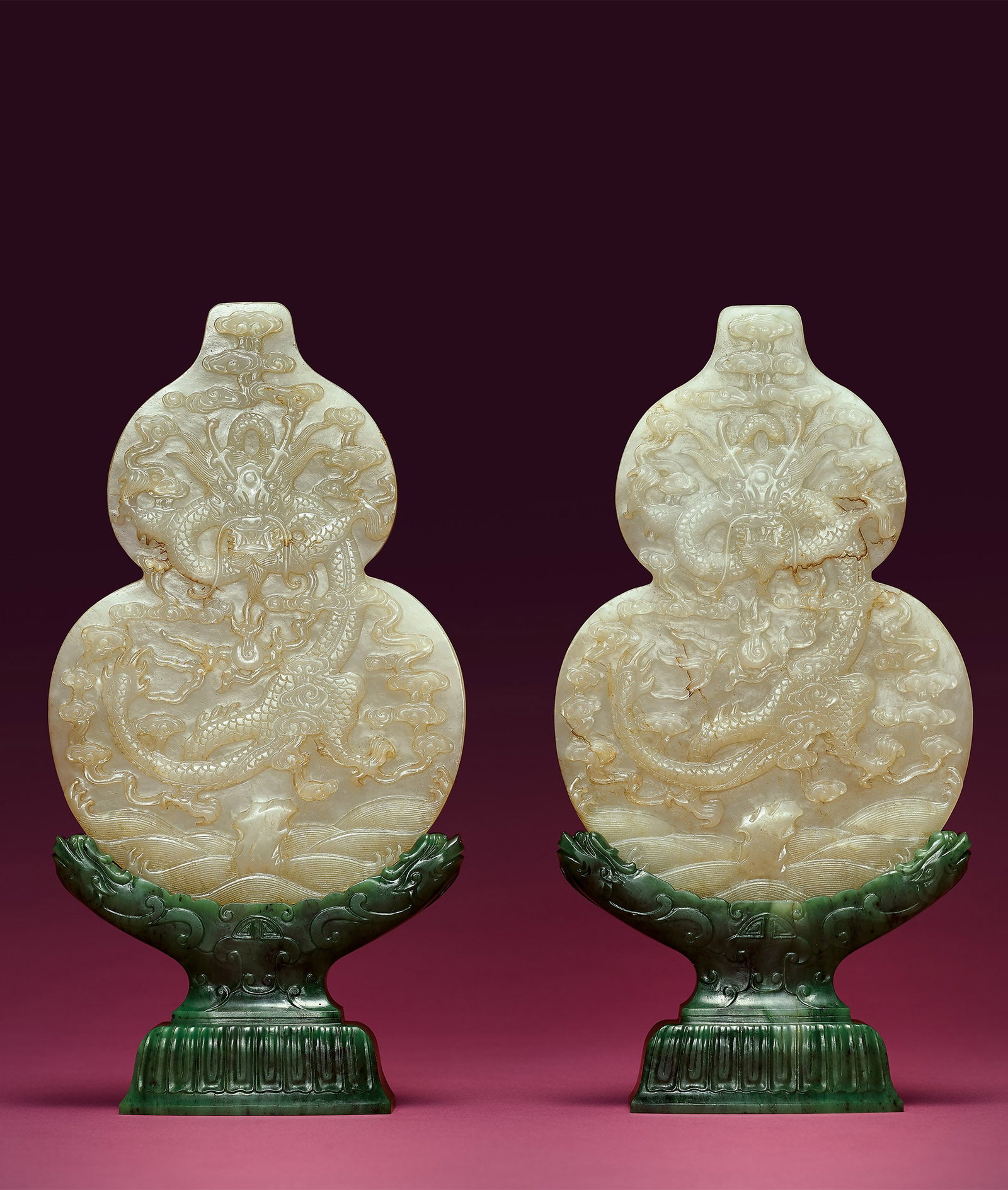 Pair White Jade Dragon Table Screens, 18th C (1 of 2)
