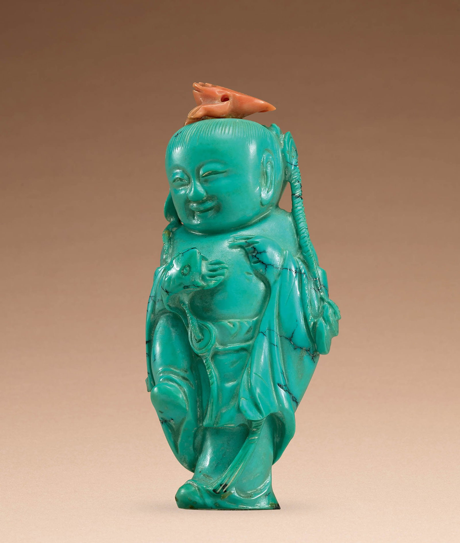 Turquoise 'Liu Hai & Toad' Snuff Bottle, Qing Dynasty: 329 清 綠松石劉海戲金蟾鼻煙壺 H6cm 來源：香港佳士得1994年11月1ਰ