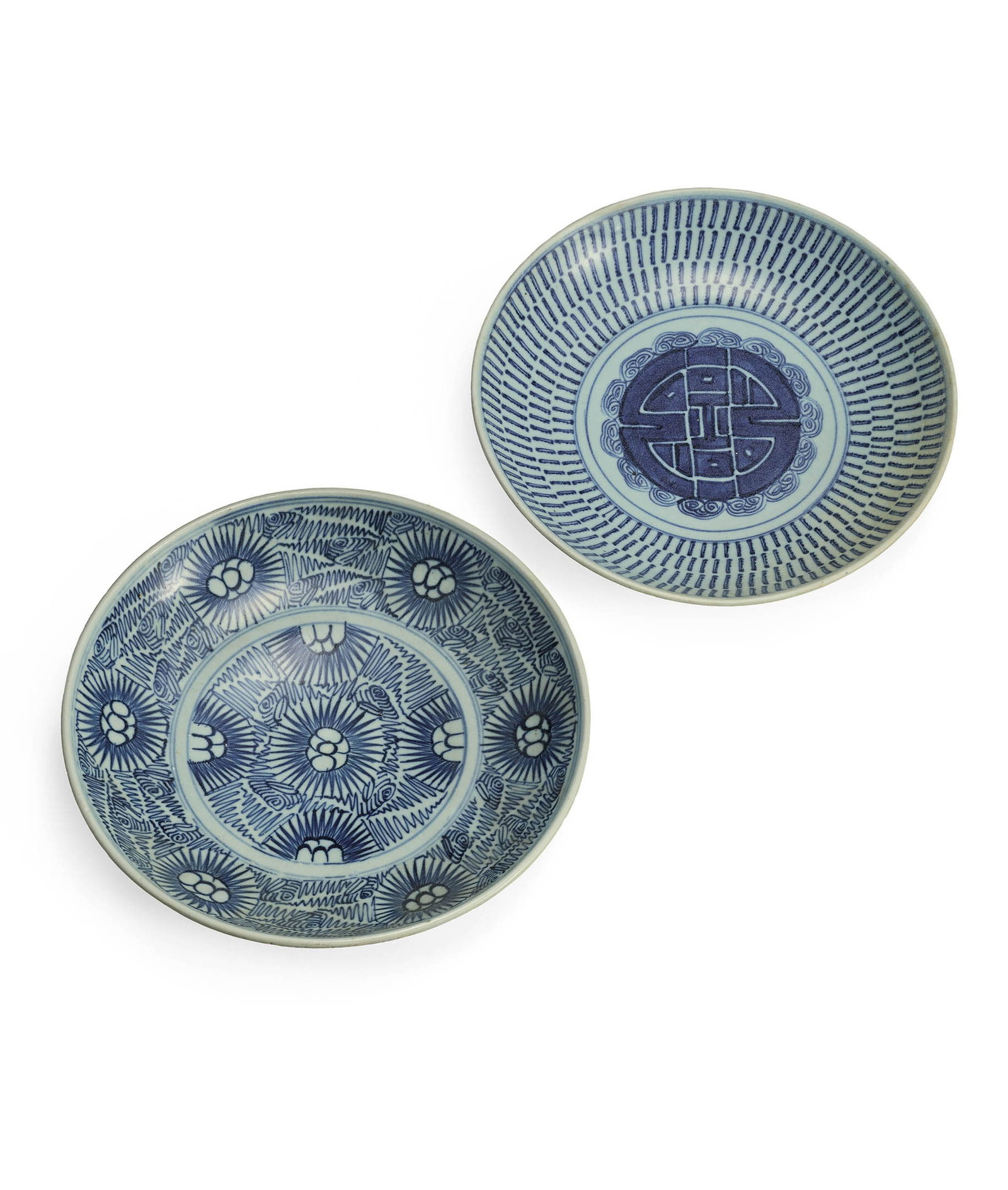 B&W 'Shou' & 'Floral' Dishes, Qing, Jiaqing, c. 1816: 506 清嘉慶（約1816年製） 青花壽字紋盤、青花花卉紋盤 二件ߌ
