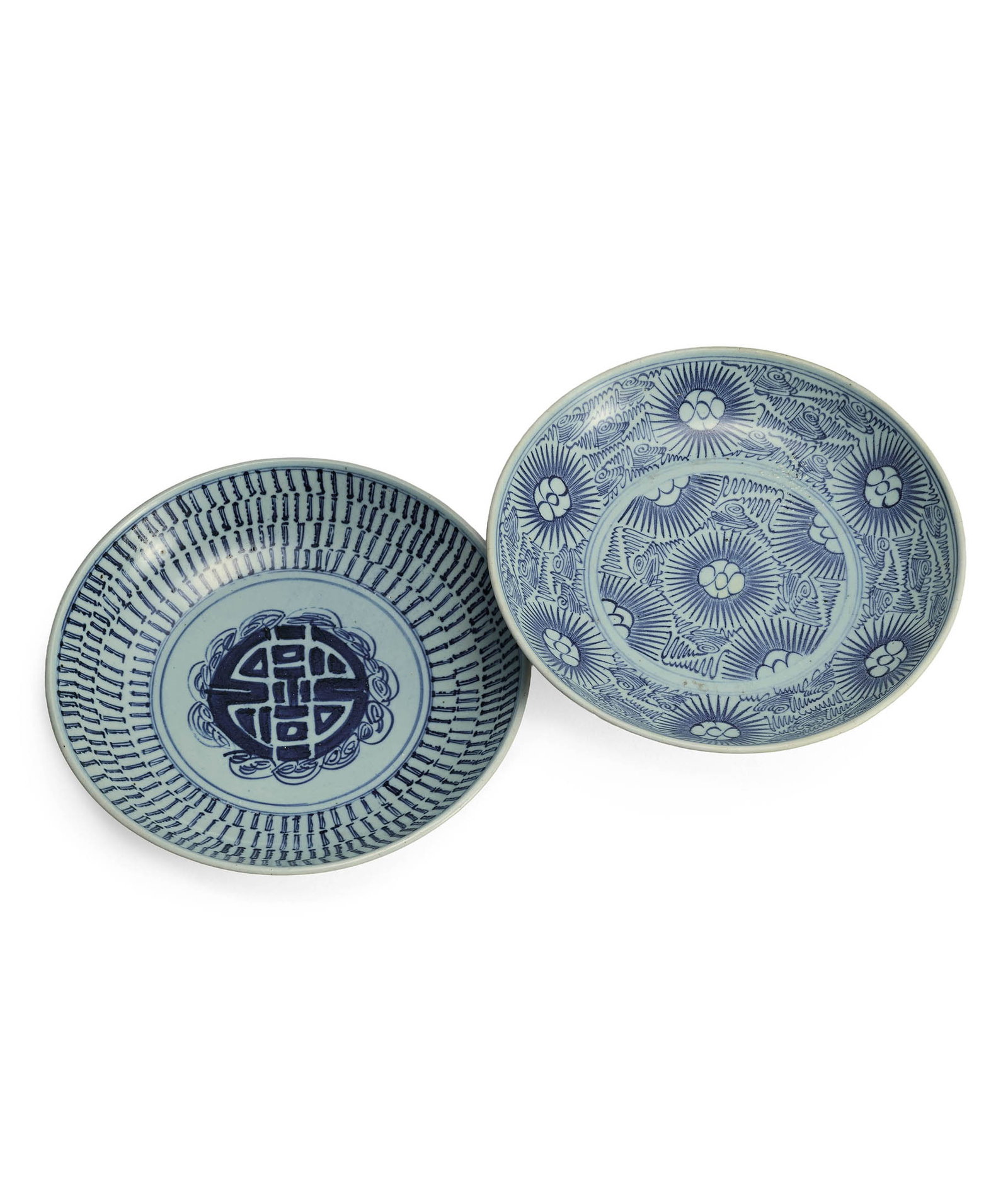 Blue & White 'Shou' and 'Floral' Dishes, Jiaqing c.1816: 510 清嘉慶（約1816年製） 青花壽字紋盤、青花花卉紋盤 二件ߌ