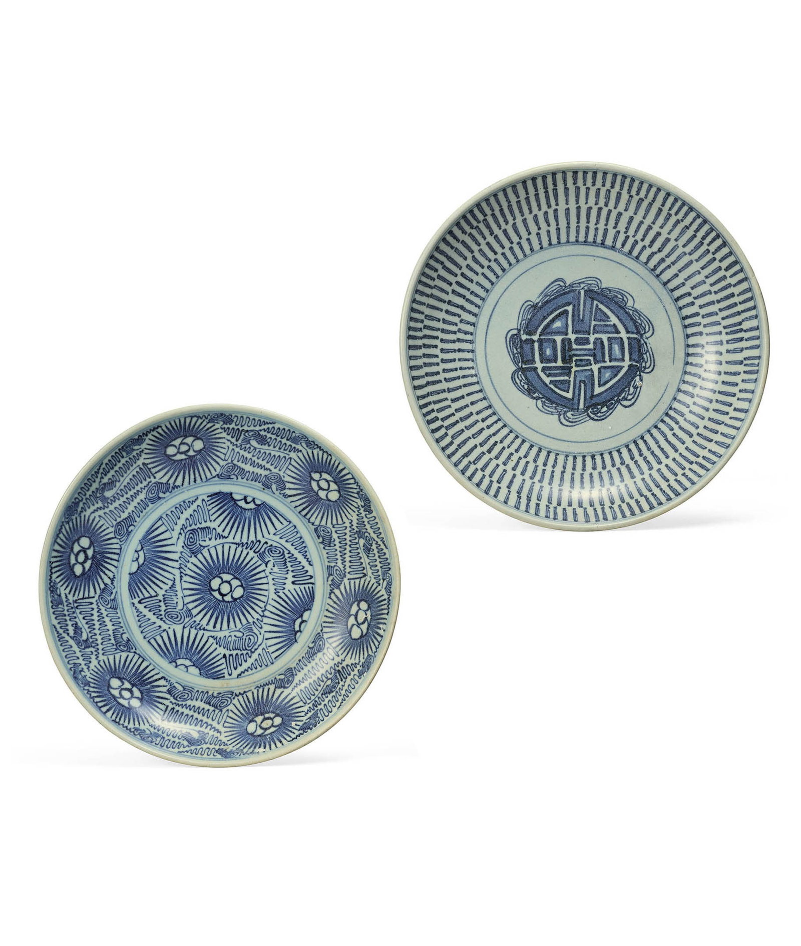 Blue & White 'Shou' & 'Floral' Dishes, Jiaqing c.1816: 511 清嘉慶（約1816年製） 青花壽字紋盤、青花花卉紋盤 二件ߌ