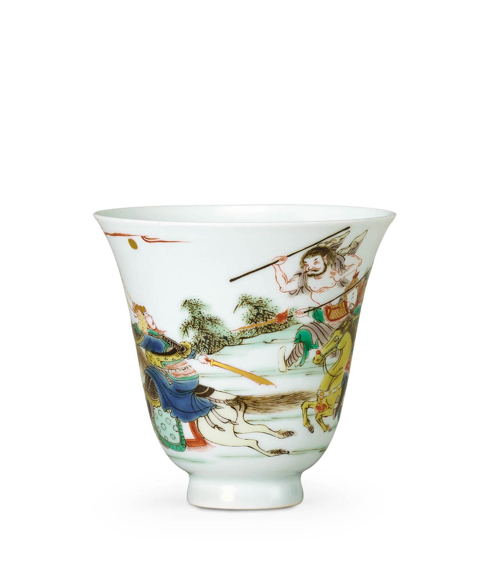Wucai 'Western Chamber' Bell-Shaped Cup, Qing Dynasty: 527 清 五彩西廂記人物故事圖仰鐘式杯 「大清康熙年製」款 H