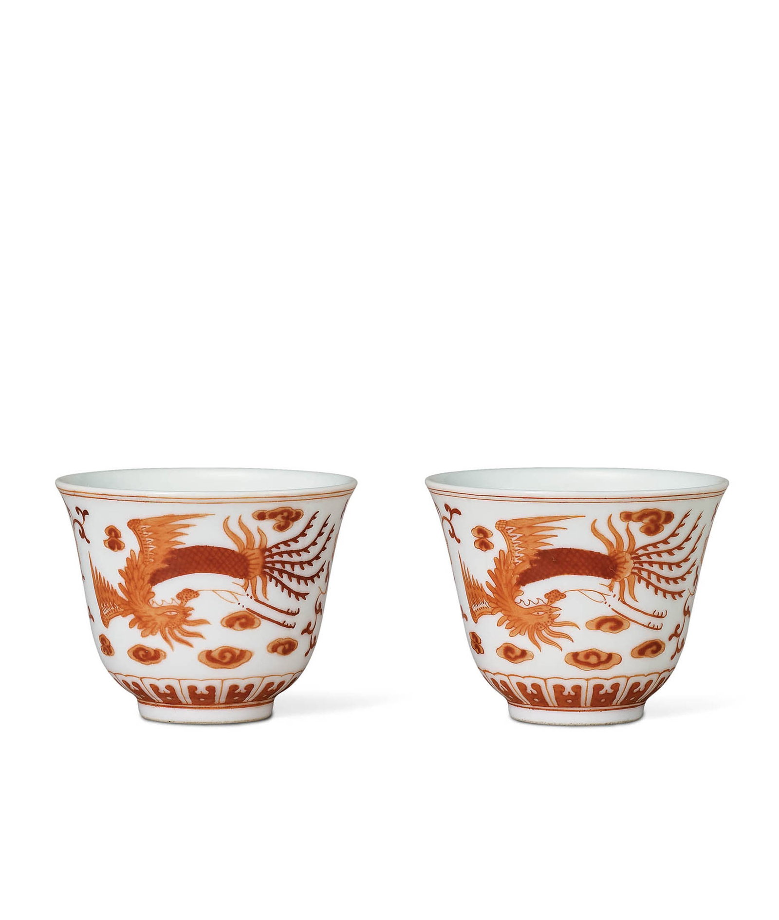 Pair Iron-Red 'Phoenix' Cups, Tongzhi Mark & Period: 528 清同治 白地礬紅彩鳳紋杯一對 「同治年製」款 H10.7cm 預估價&