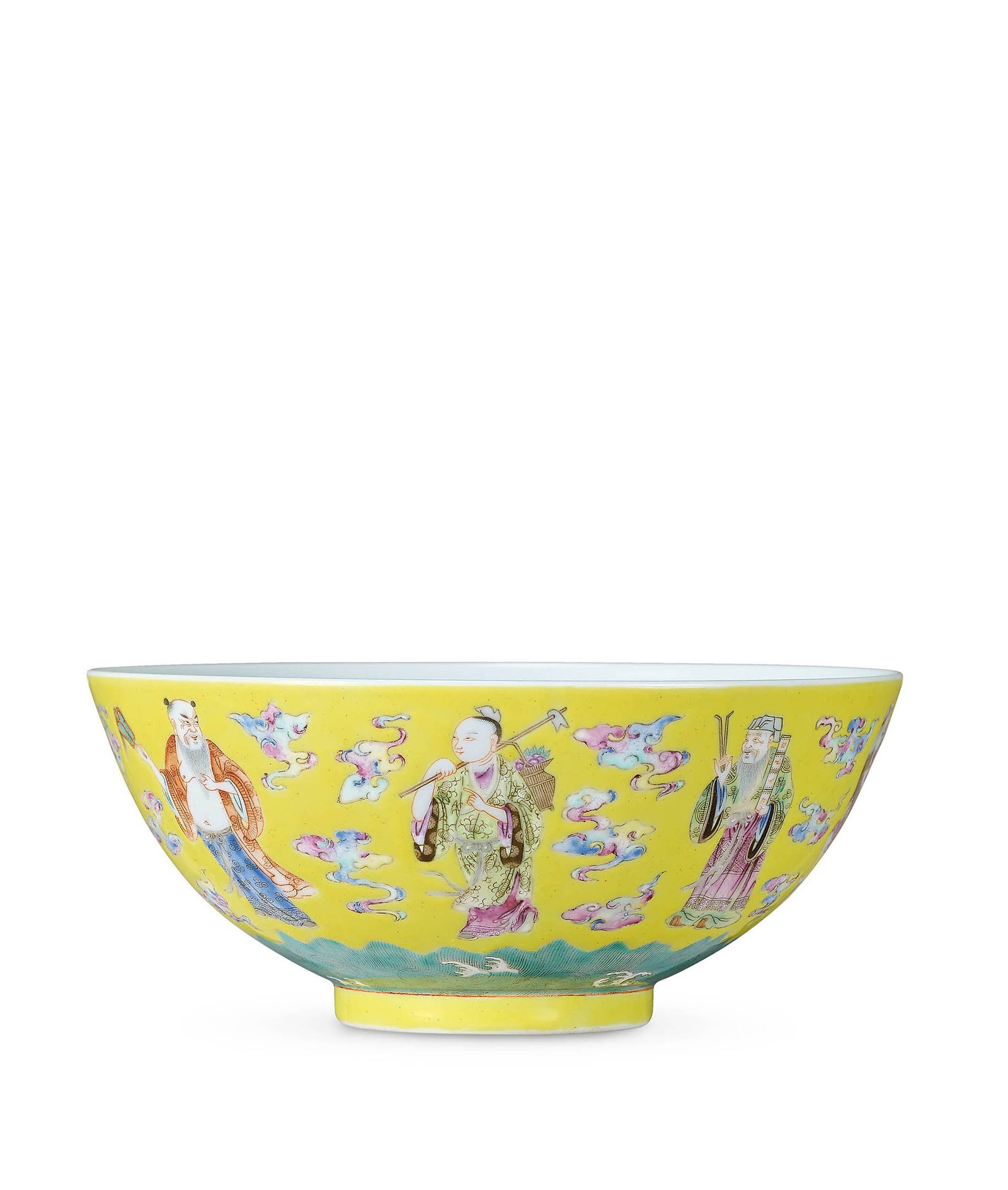 Yellow-Ground Famille-Rose 'Eight Immortals' Bowl, DG: 532 清道光 黃地粉彩八仙過海圖碗 「慎德堂製」款 D16.8cm 碗瓷胎&