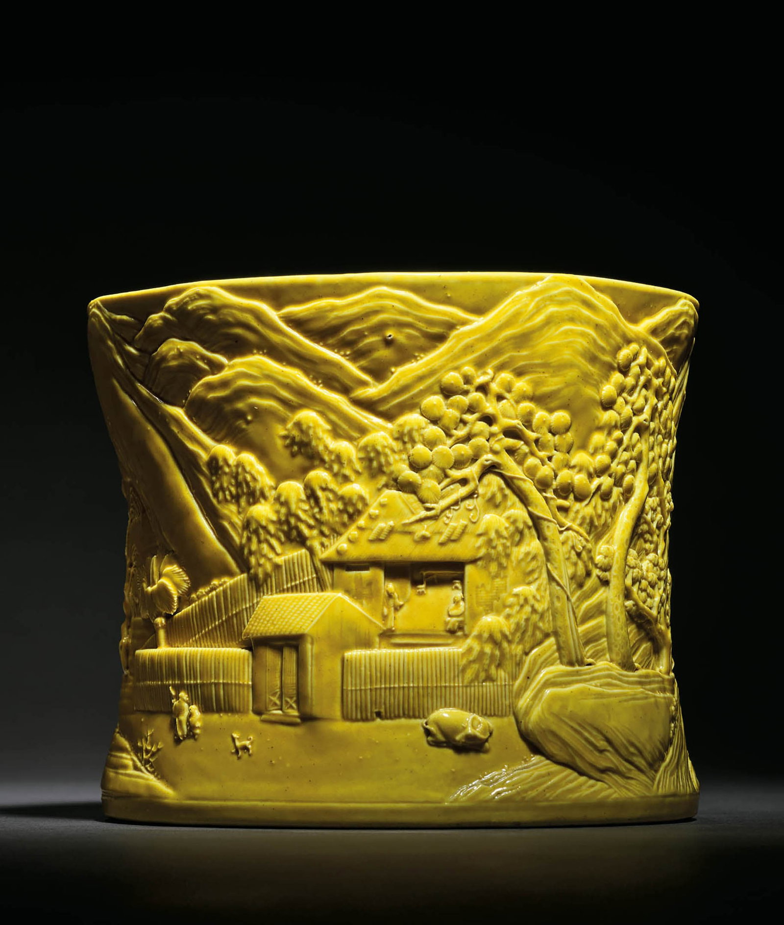 Yellow-Glazed 'Landscape' Brushpot, Chen Guozhi, Daoguang: 537 清道光 陳國治作黃釉瓷雕山水人物圖筆筒 H14cm 「溥泉珍玩