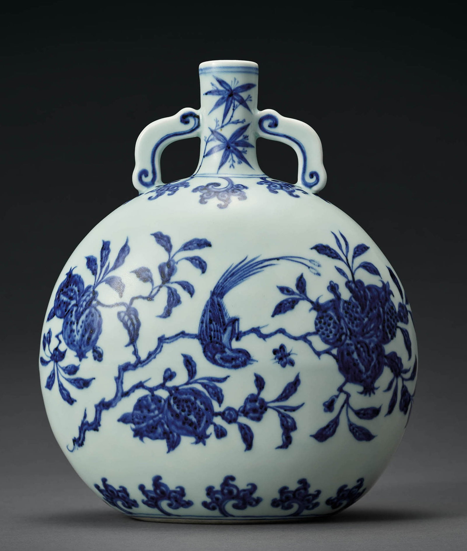 Rare Blue and White 'Bird and Flower' Moonflask, Yongle (1 of 6)