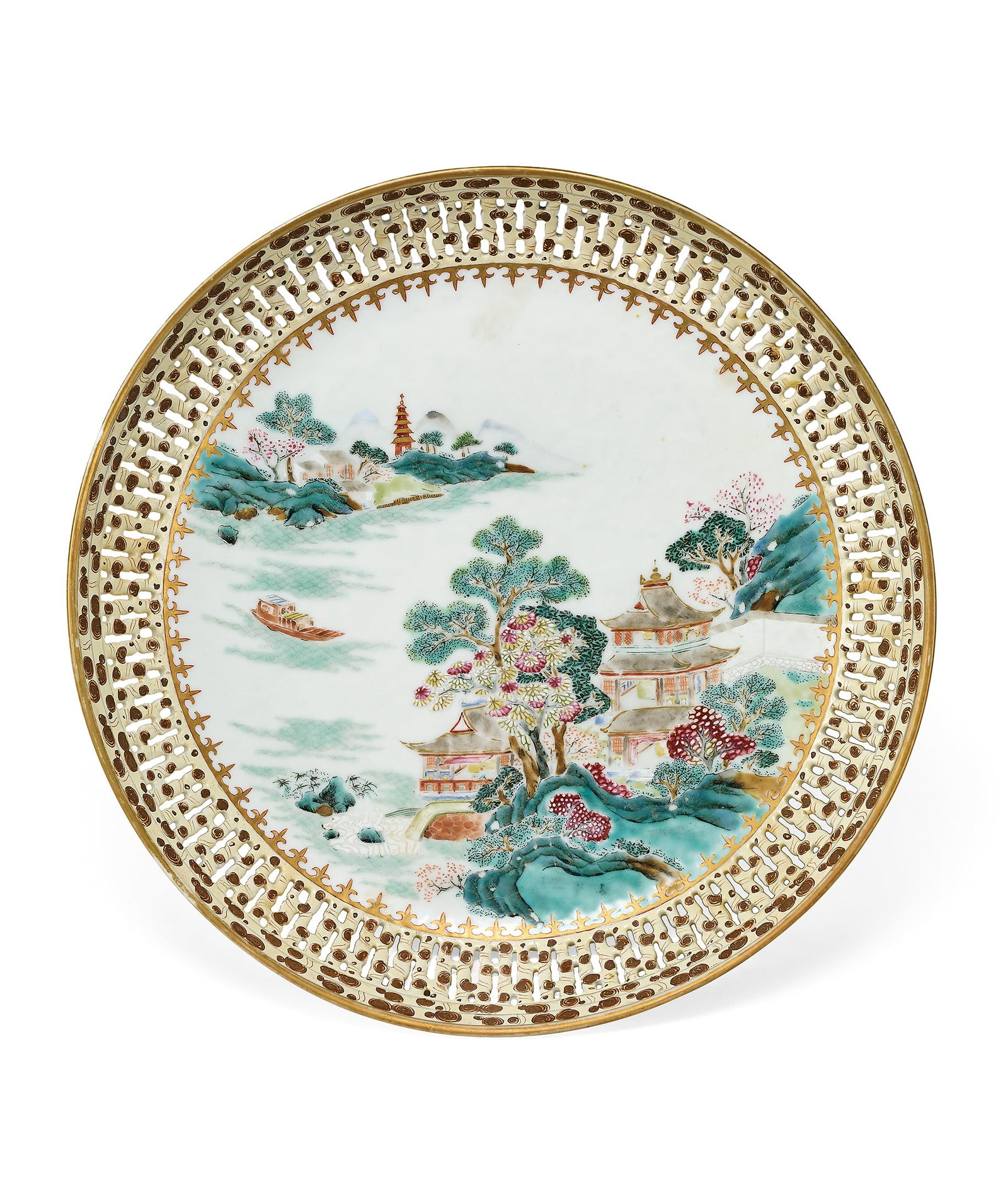 Famille-Rose Openwork 'Landscape' Dish, Qing Dynasty: 546 清 粉彩鏤雕山水圖盤 D22cm 預估價： TWD 100,000-120,000 RMB 21,700-26,100 Yu Jen Taipei 台北宇珍