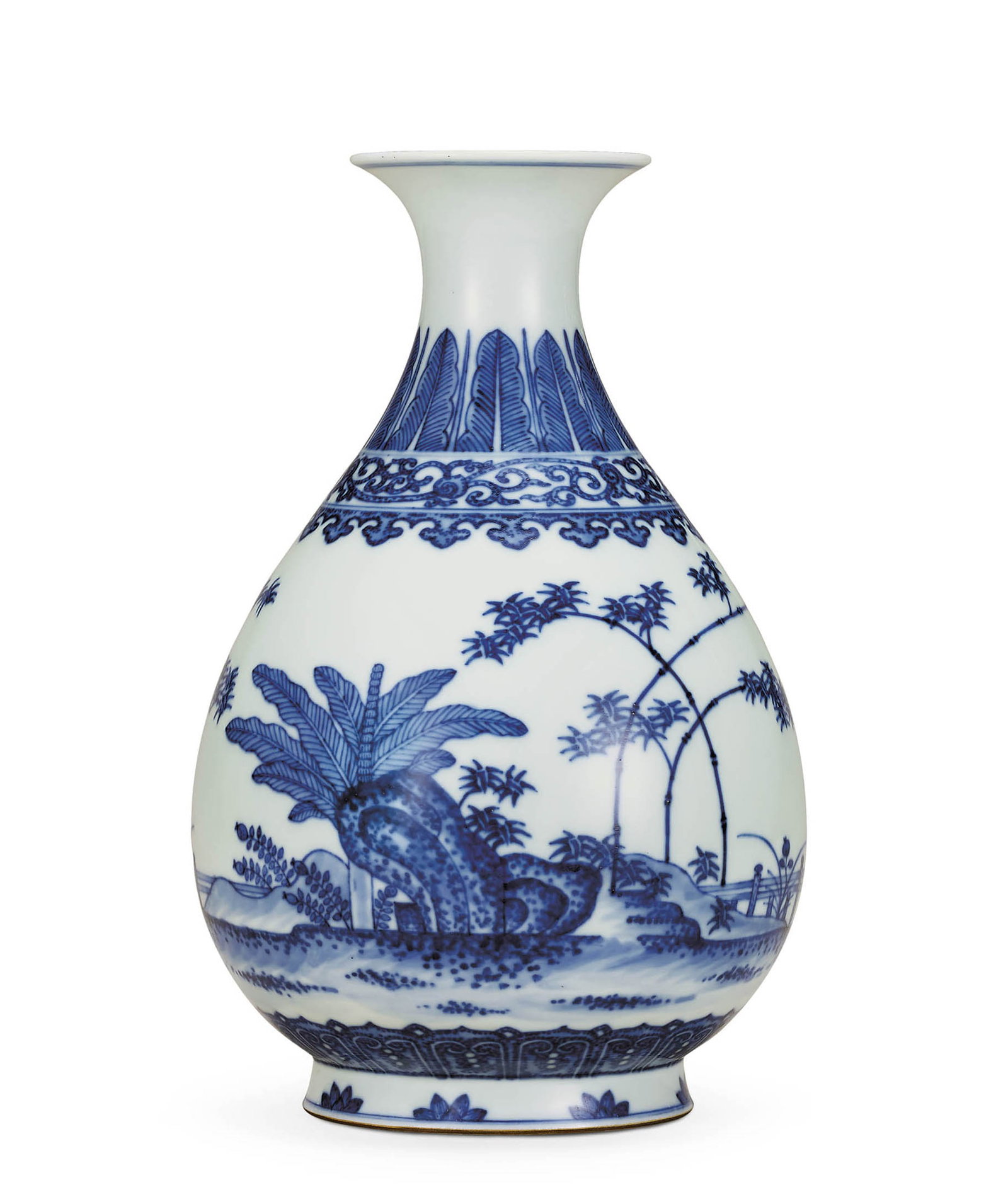 B&W 'Bamboo, Stone & Plantain' Yuhuchun, Guangxu M&P: 548 清光緒 青花芭蕉竹石圖玉壺春瓶 「大清光緒年製」款 H29.5cm &