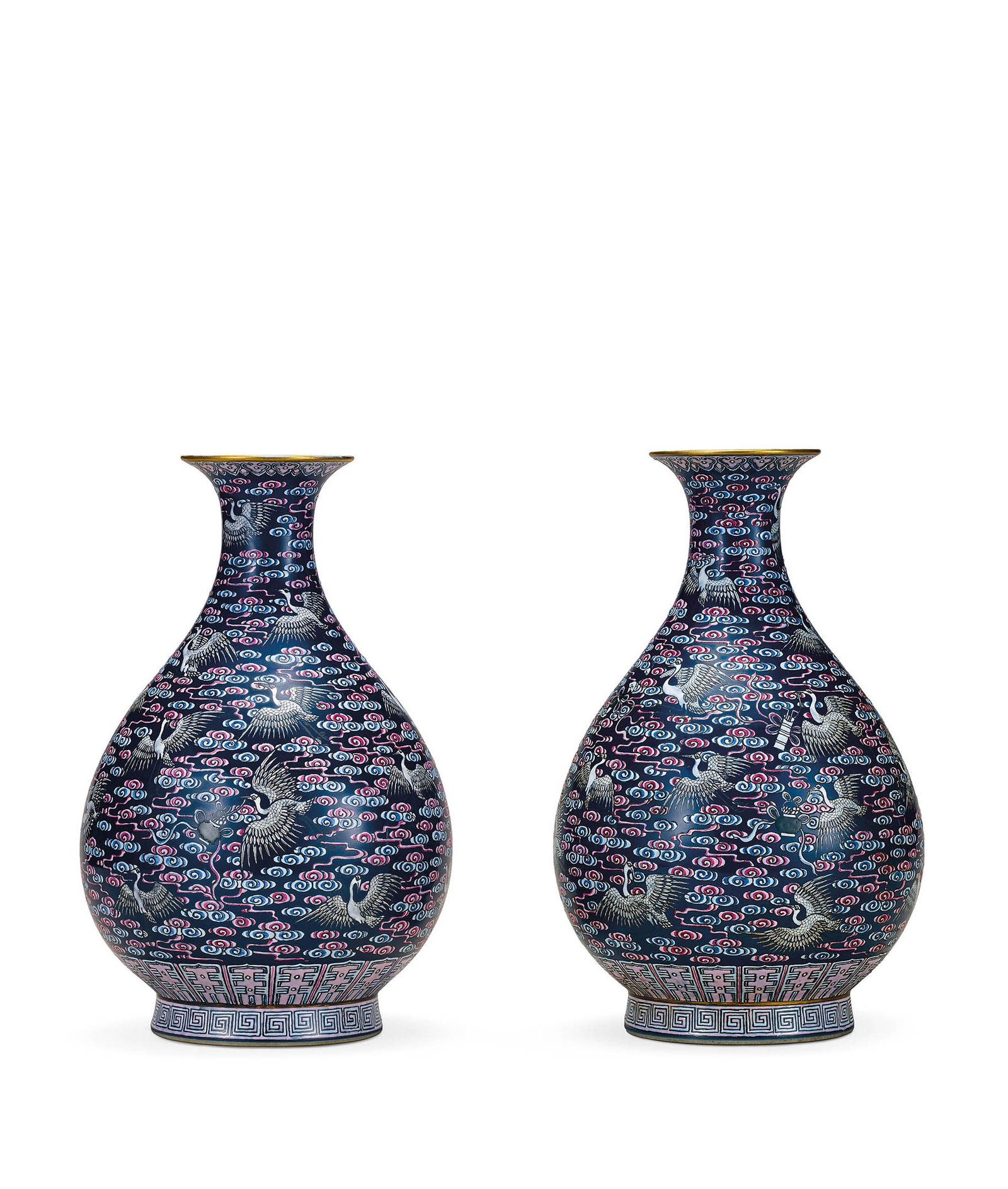 Pair Blue Famille-Rose 'Crane' Yuhuchun Vases, Guangxu: 549 清光緒 藍地粉彩百鶴紋玉壺春瓶一對 「大清光緒年製」&#