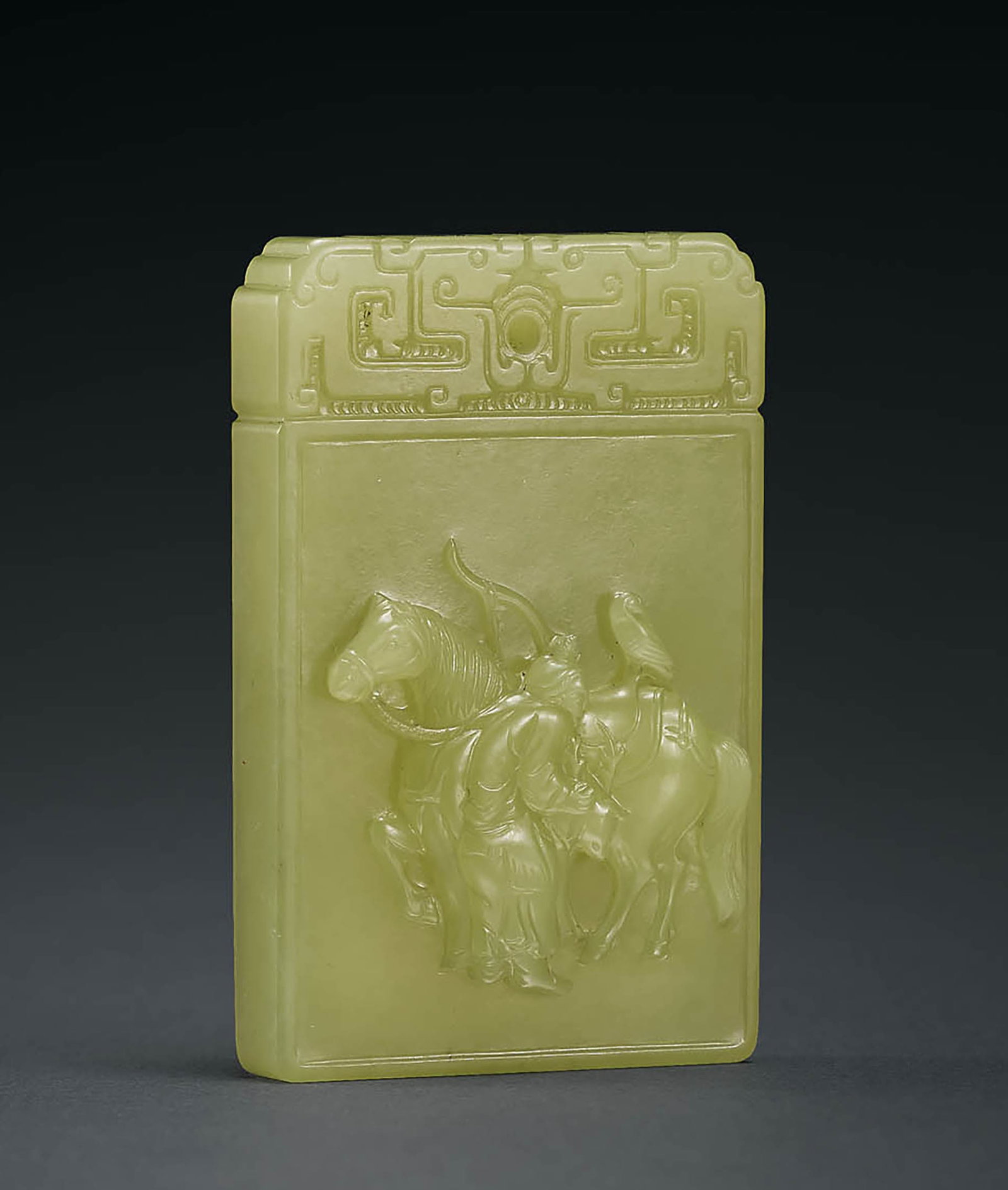 Yellow Jade 'Hunting' Plaque, Qing Dynasty: 575 清 黃玉狩獵圖詩文牌 L6cm 款識：射得羚羊馱馬上 凌風意氣!