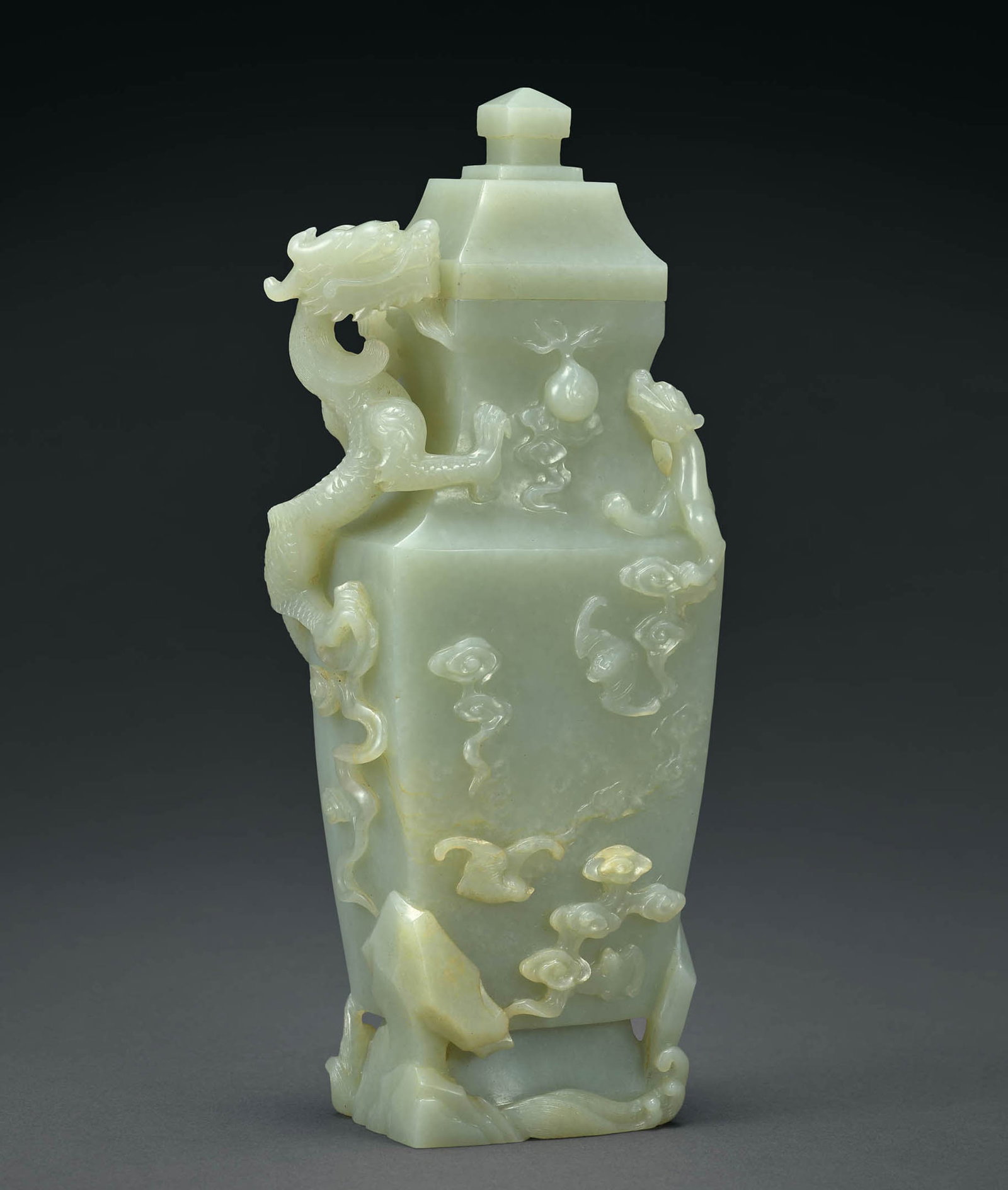 Pale Celadon Jade 'Dragon' Vase & Cover, Qing Dynasty (1 of 2)