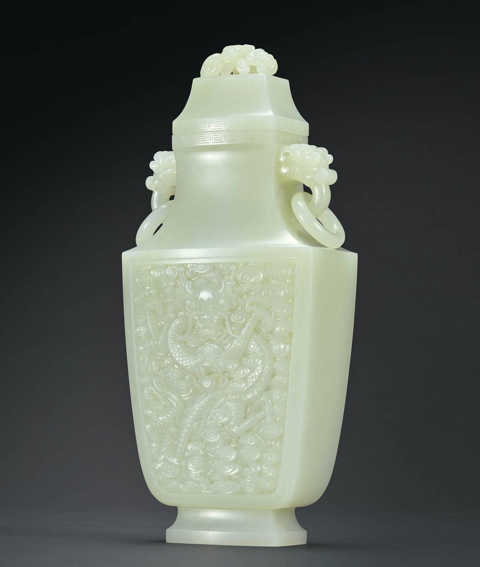 Fine White Jade 'Dragon' Vase and Cover, 18th C (1 of 3)
