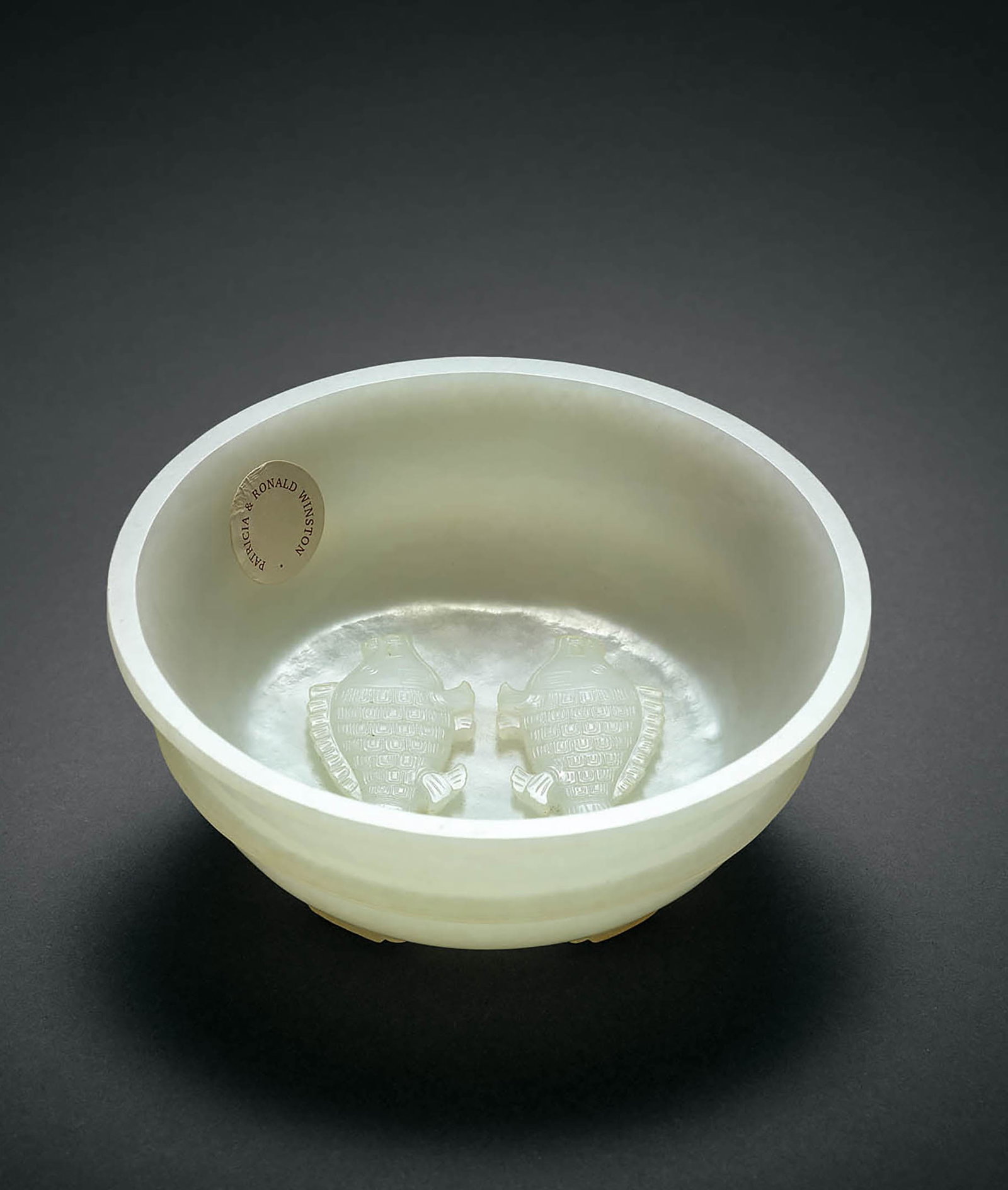 Imp. Inscribed White Jade 'Twin Fish' Bowl, Qianlong: 625 清乾隆 白玉御題詩雙魚紋碗 「乾隆年製」款 D11.8cm 御題詩：&