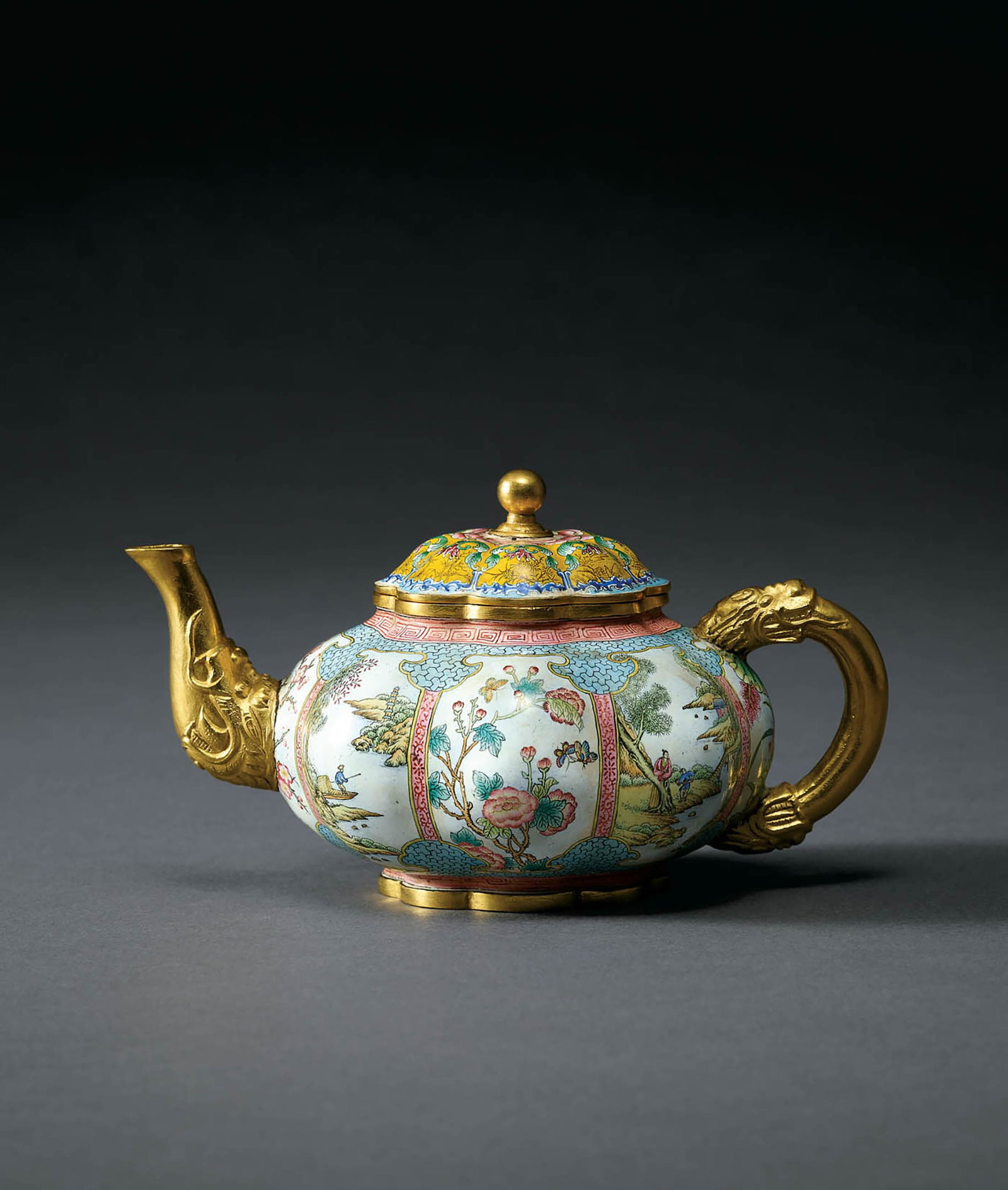 Qing Enamel 'Landscape & Figure' Melon Teapot & Cover (1 of 4)
