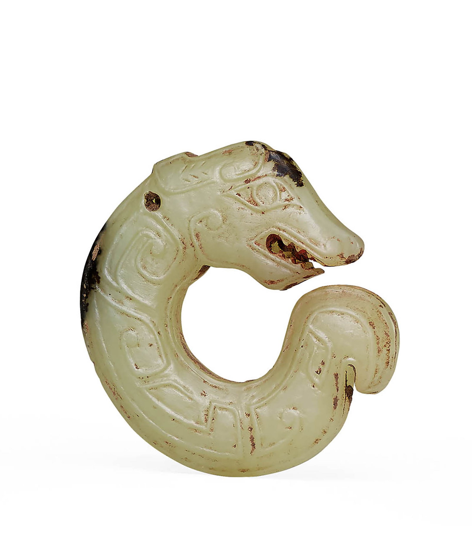 Celadon Jade 'Dragon' Slit Disc, Jue, Qing or earlier: 636 清或更早 青玉龍形玦 L6cm 來源：美國 John R. Meengs 收藏 展覽：Flint Art MuseumA