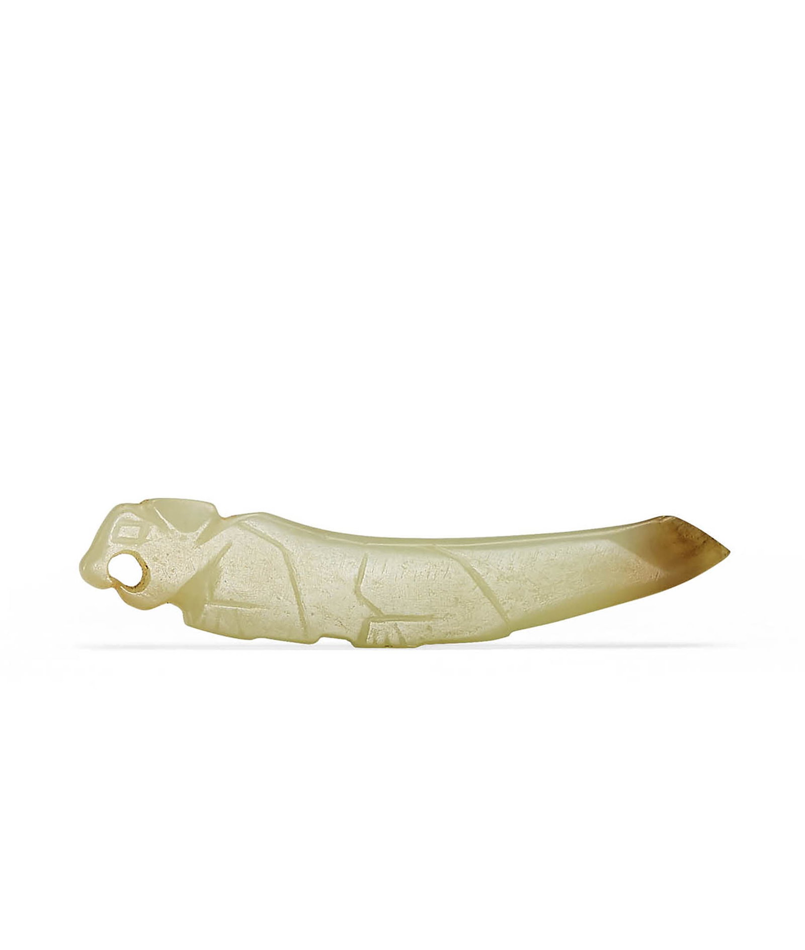 Pale Celadon Jade Tiger-Shaped Pendant, Qing or earlier: 638 清或更早 青白玉虎形珮 L5.3cm 來源：美國 John R. Meengs 收藏 展覽：Flint Art 