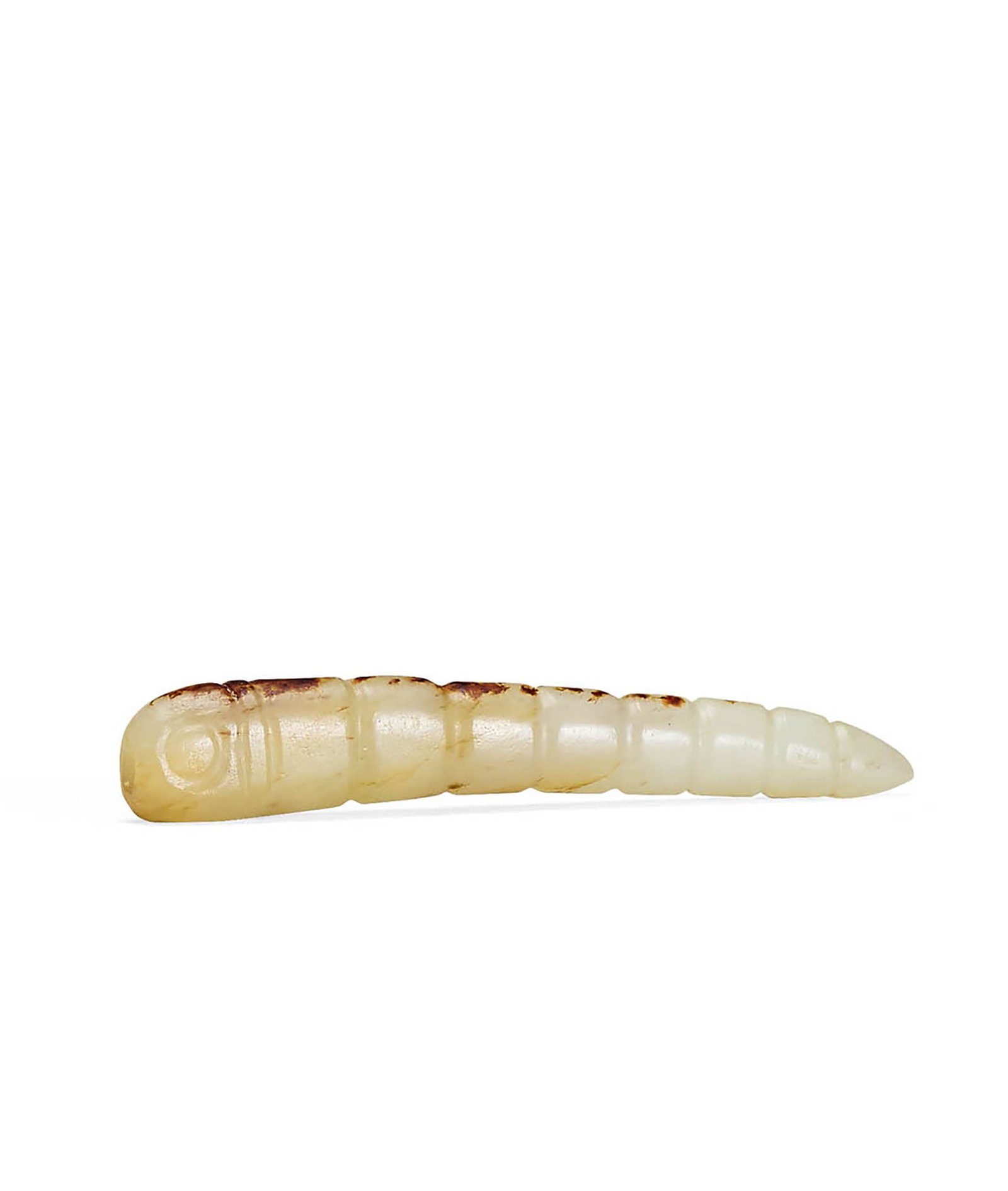 Pale Celadon Jade Silkworm, Qing or earlier: 639 清或更早 青白玉蠶 L4.7cm 來源：美國 John R. Meengs 收藏 展覽：Flint Art Museum，19