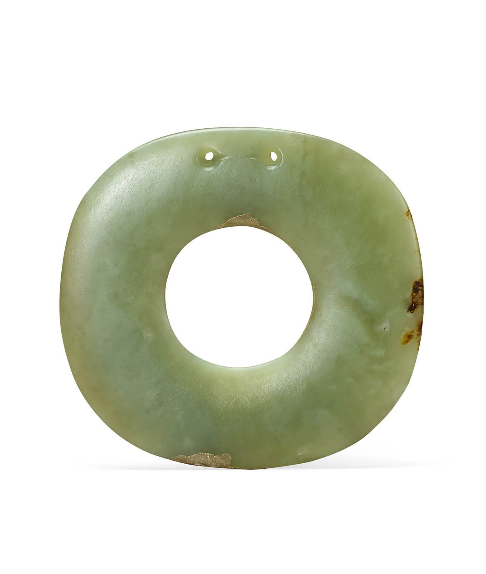Celadon Jade Square Bi Disc, Qing or earlier: 643 清或更早 青玉四方璧 L9cm 來源：美國 John R. Meengs 收藏 展覽：Flint Art MuseumA