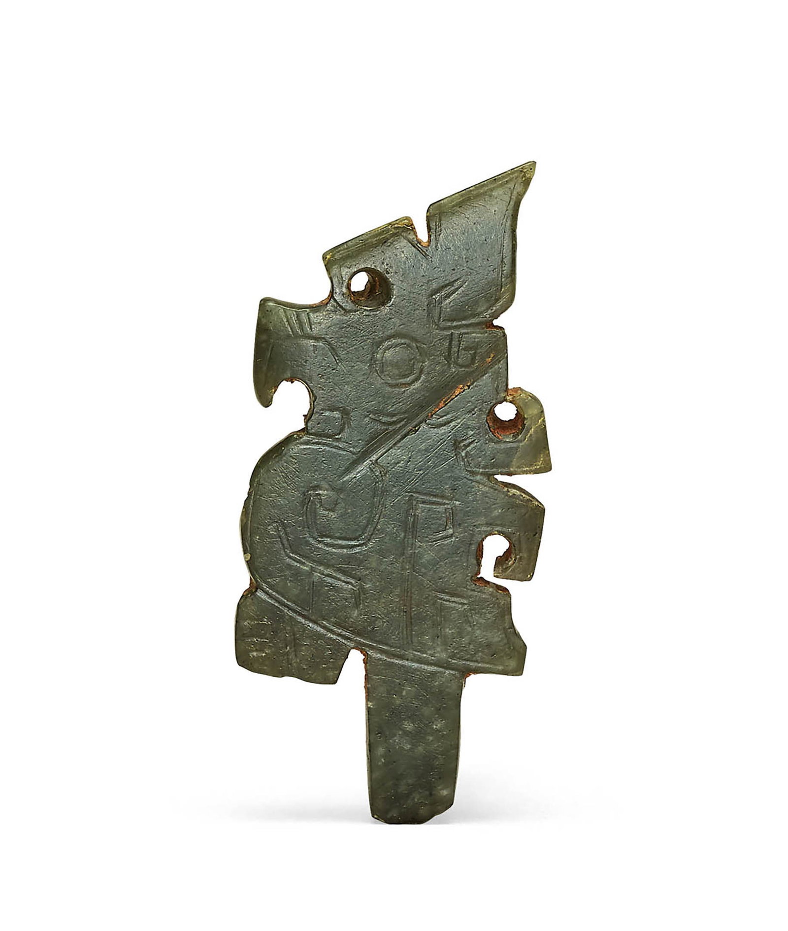 Celadon Jade Bird-Shaped Pendant, Qing or Earlier: 645 清或更早 青玉鳥形珮 L6cm 來源：美國 John R. Meengs 收藏 展覽：Flint Art MuseumA