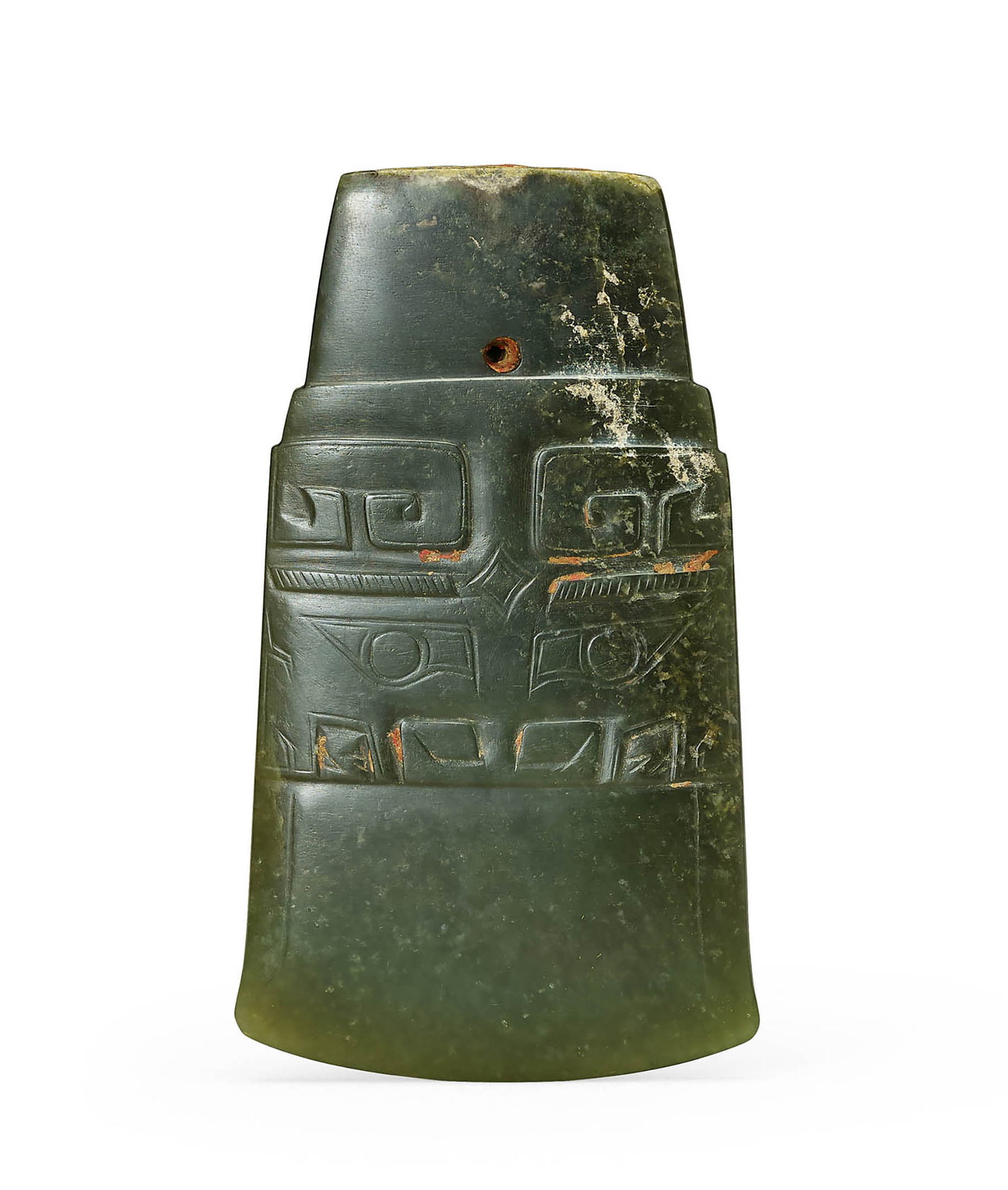 Celadon Jade 'Beast-Mask' Axe, Qing or Earlier: 646 清或更早 青玉獸面紋斧 L11cm 來源：美國 John R. Meengs 收藏 展覽：Flint Art M