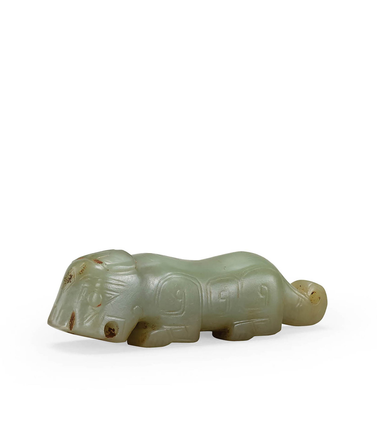 Pale Celadon Jade Tiger, Qing Dynasty or Earlier: 652 清或更早 青白玉虎 L7.5cm 來源：美國 John R. Meengs 收藏 展覽：Flint Art Museum，19