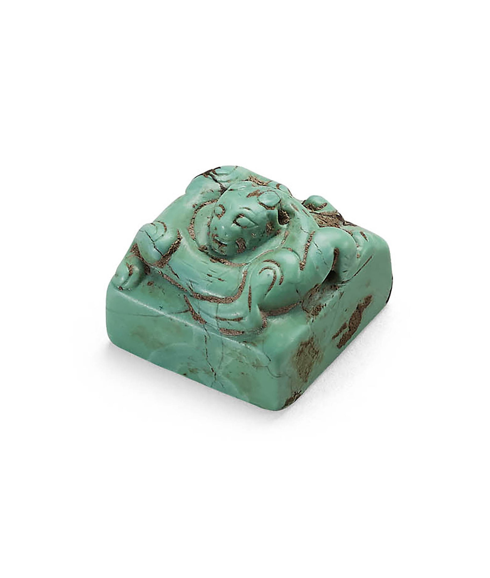 Turquoise 'Dragon' Seal, Qing Dynasty or earlier: 661 清或更早 綠松石螭龍鈕印 H1.7cm 印面2.2x2.2cm 來源：美國 John R. Meengs 收藏 