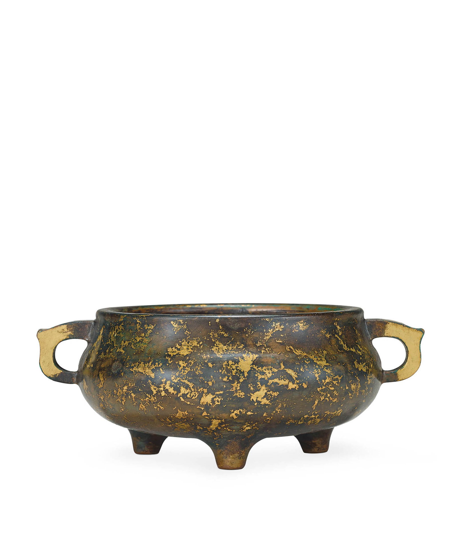 Gold-Splashed Bronze Tripod Censer, Qing: 677 清 銅點金蚰龍耳三足爐 「琴書侶」款 W20cm Wt.2477g 預估價： TWD 80,000-100,00