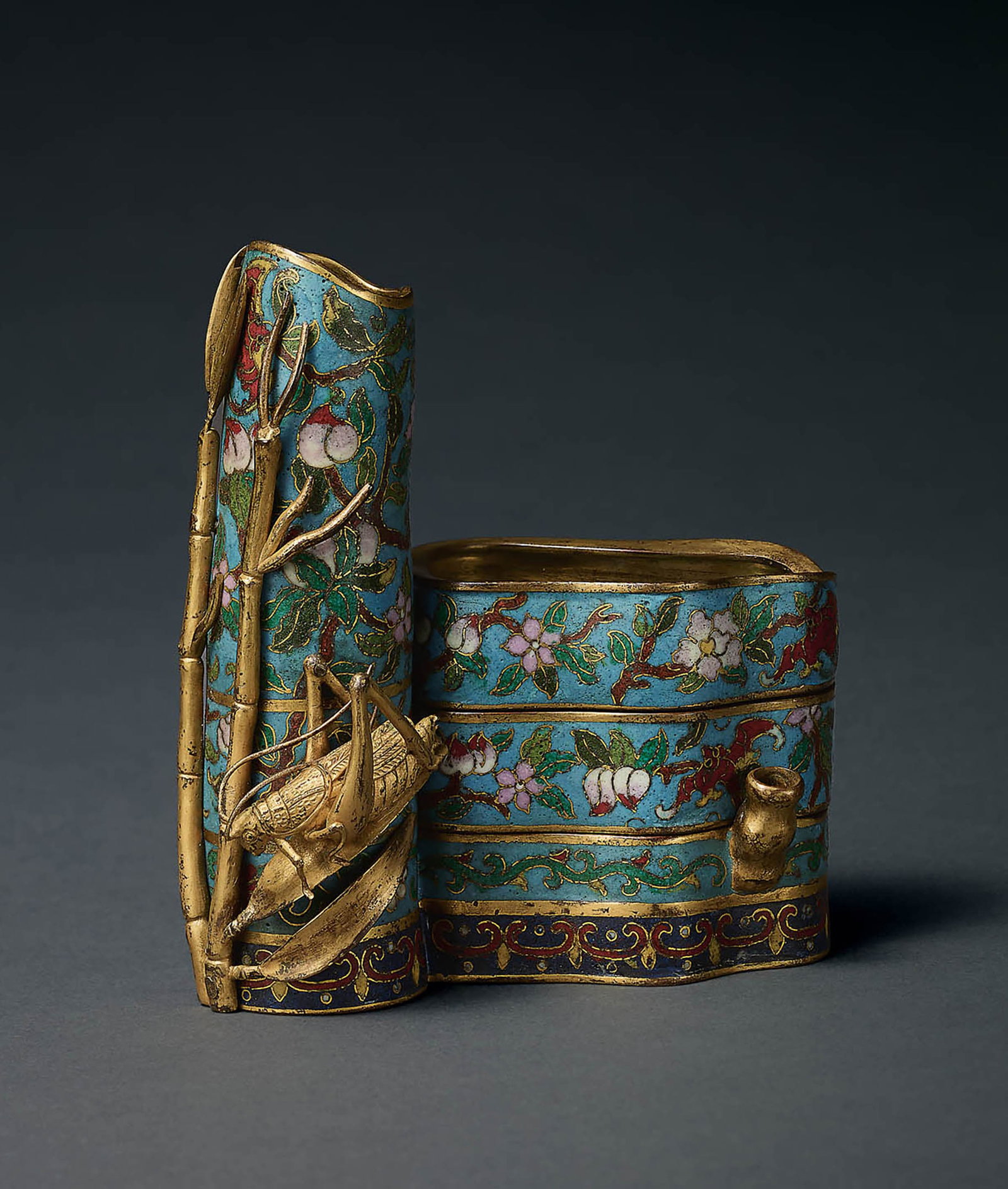 Bronze Cloisonne Bamboo-Shaped Vase, Qing Dynasty: 691 清 銅胎掐絲琺瑯竹節形花插 「大清乾隆年製」款 H12cm 預估