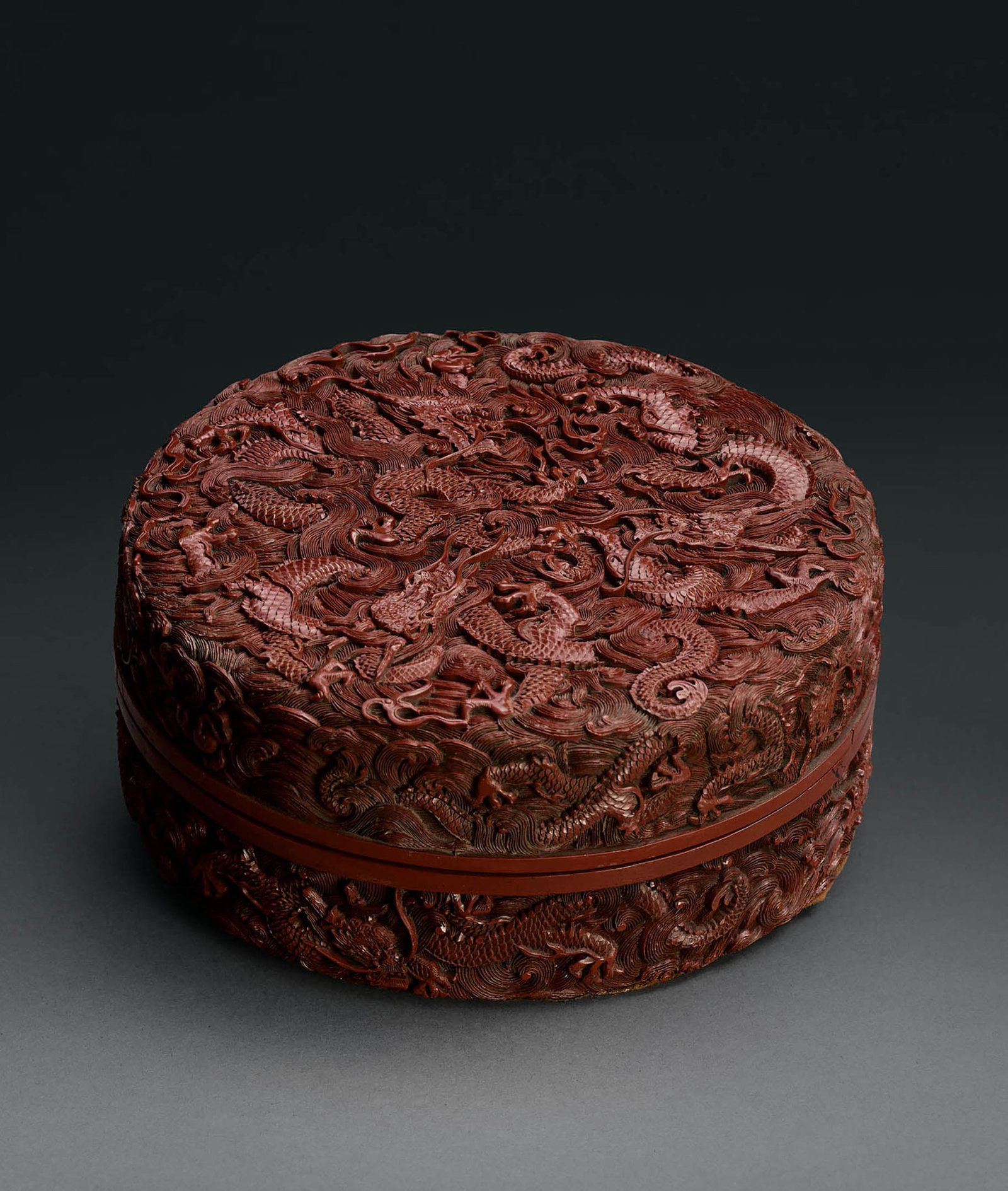 Carved Cinnabar 'Nine Dragons' Box & Cover, Mid-Qing (1 of 3)