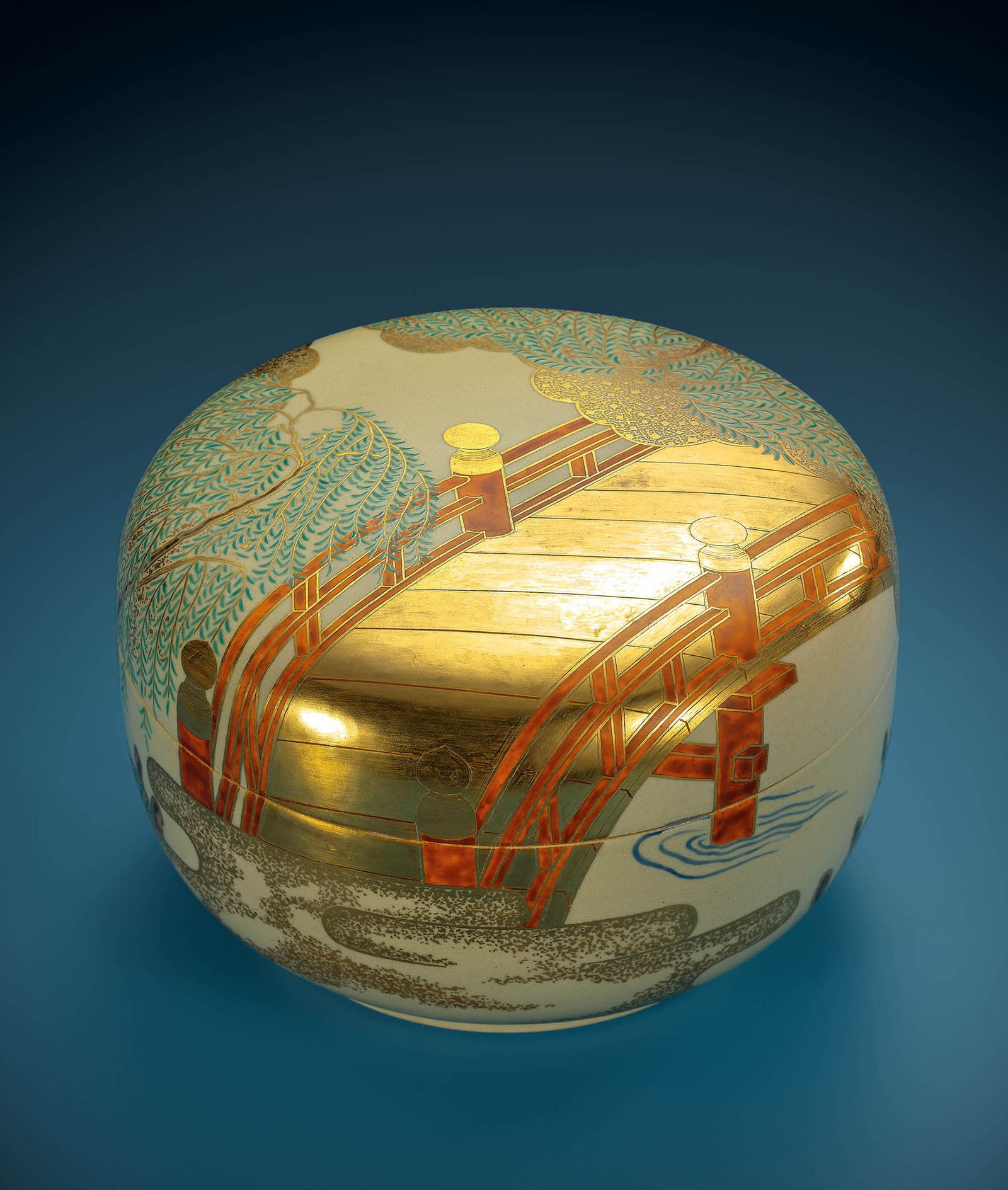 Polychrome Enamel Willow & Bridge Box, Taisho/Showa (1 of 2)